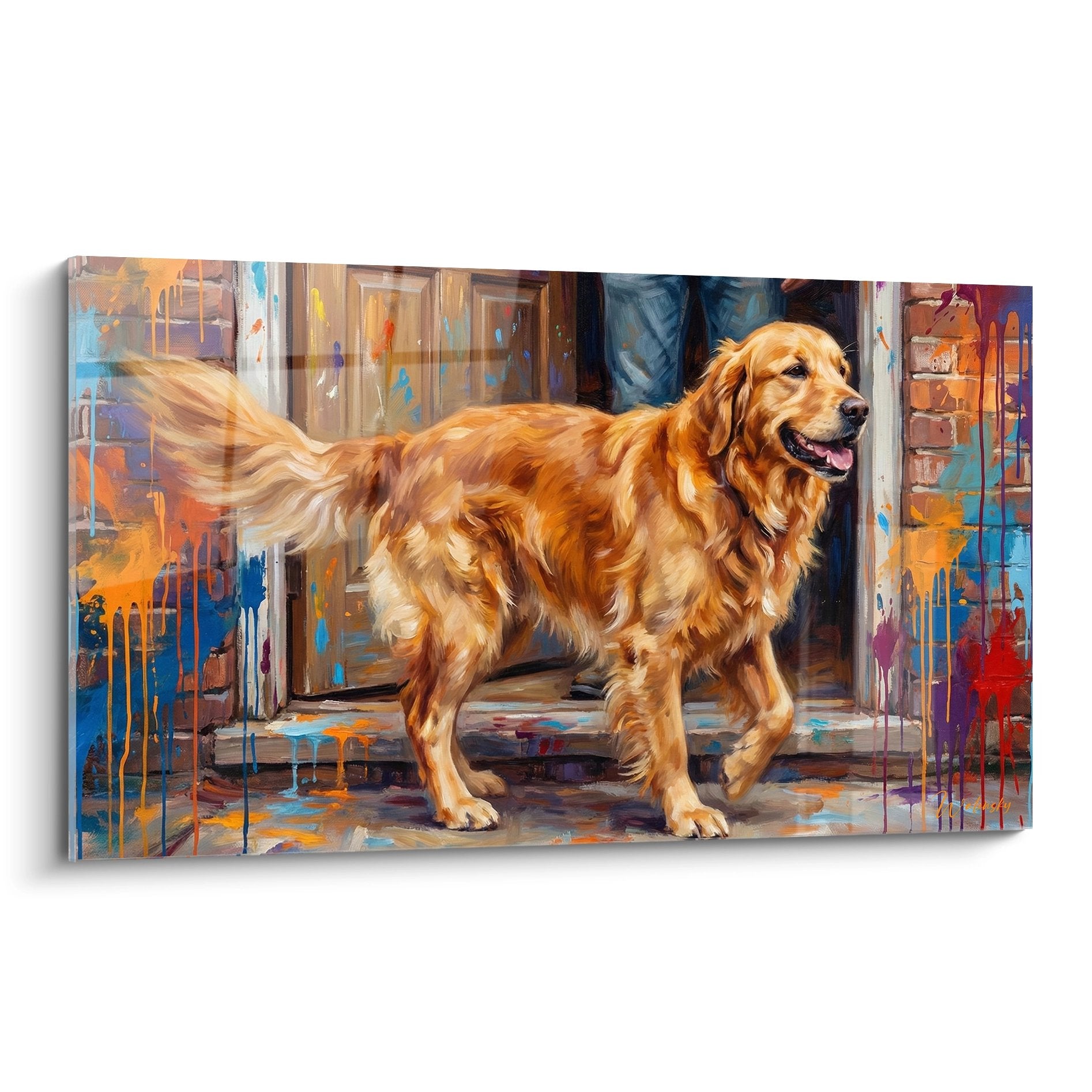 Kunstwerk Golden Retriever rot auf Hintergrund mit blauen und orangefarbenen Farbspritzern zeitgenössischer Stil