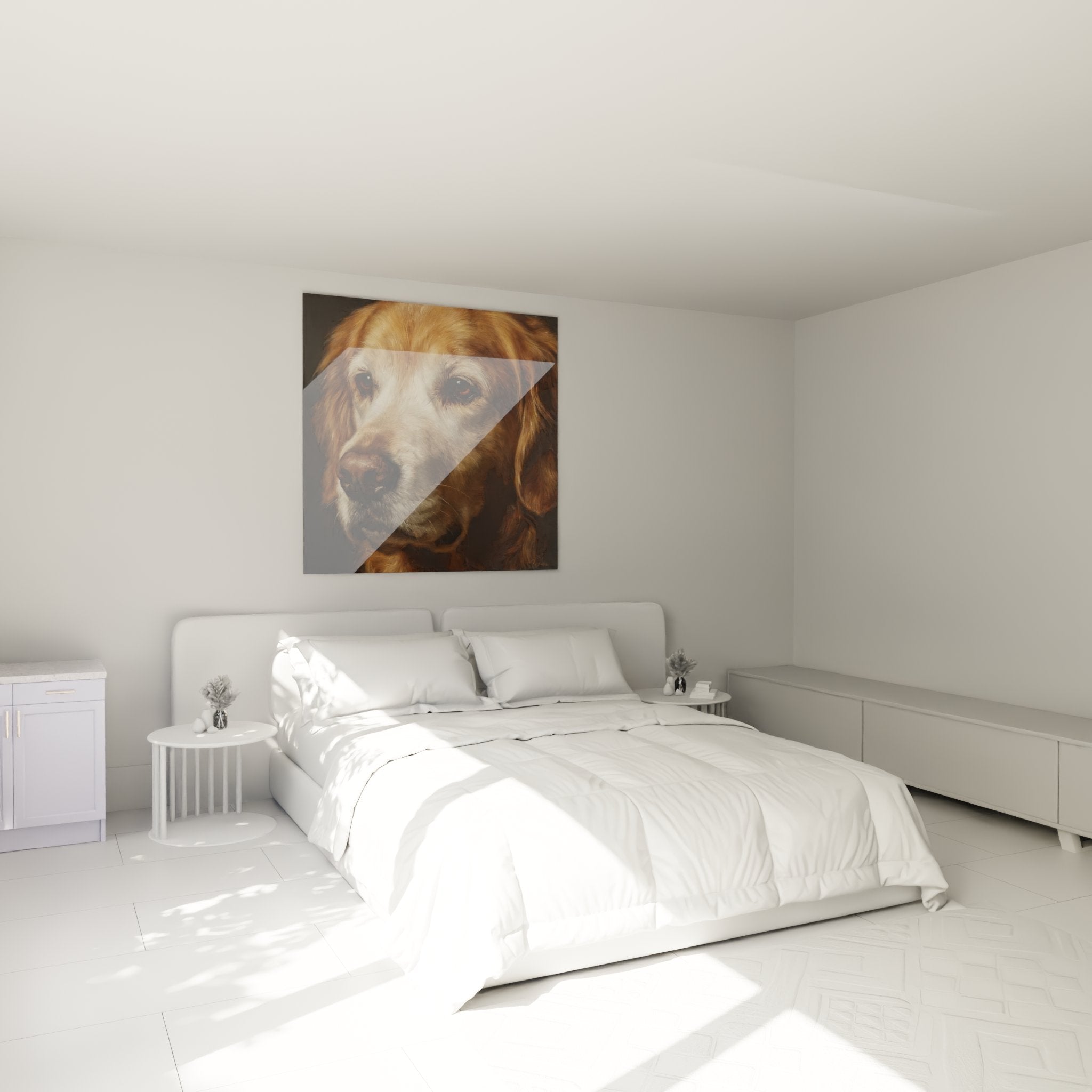 Tableau Golden Retriever aux tons dorés accroché au-dessus d'un lit, créant une ambiance chaleureuse en chambre
