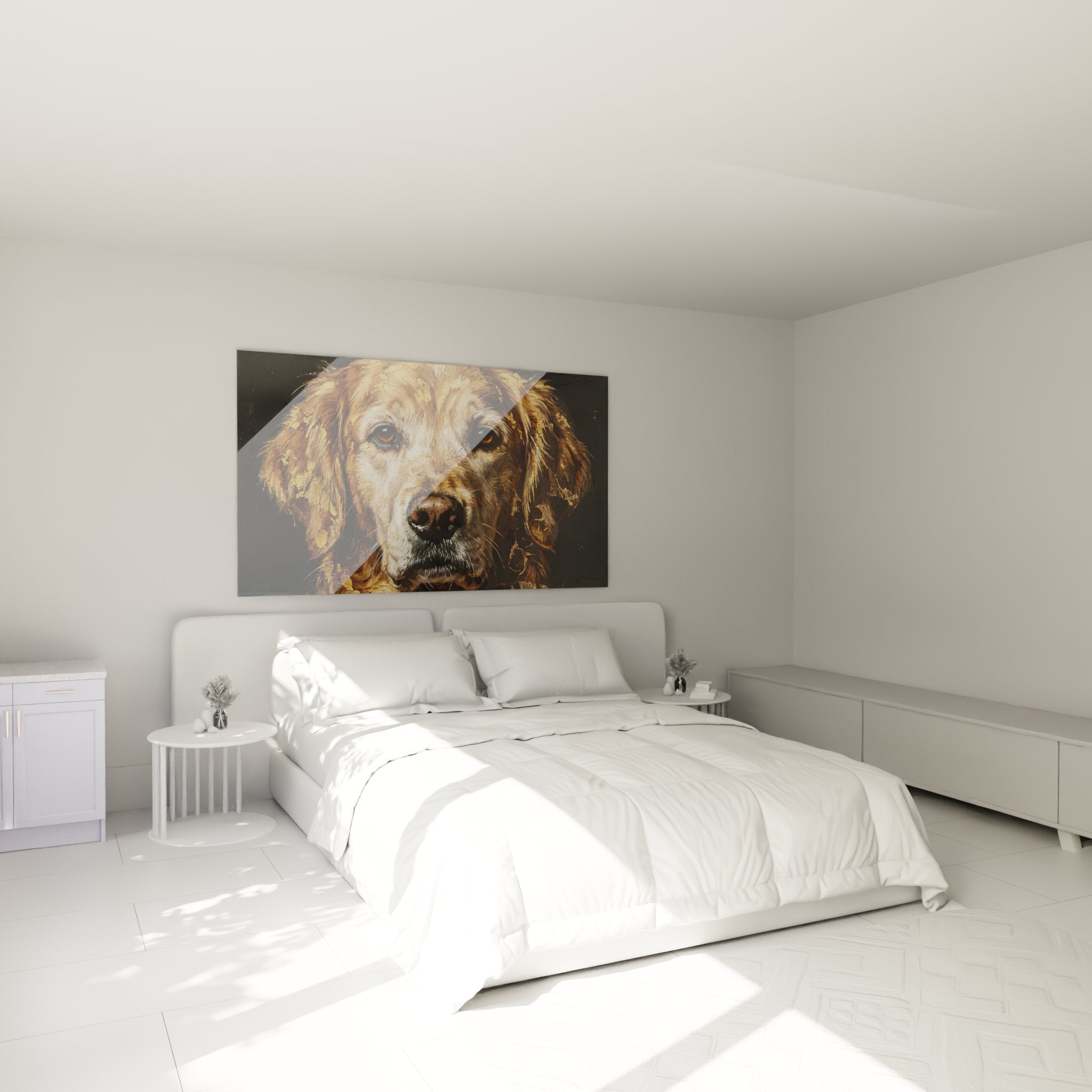 Golden Retriever painting in gold tones hung in modern bedroom, warm ambiance with beige and wood decor