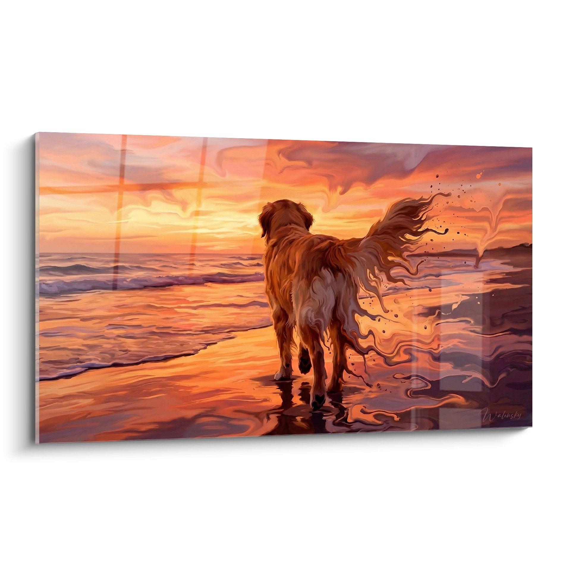 Gemälde Golden Retriever betrachtet Sonnenuntergang am Strand orange goldene Töne Meereswellen Wandkunst