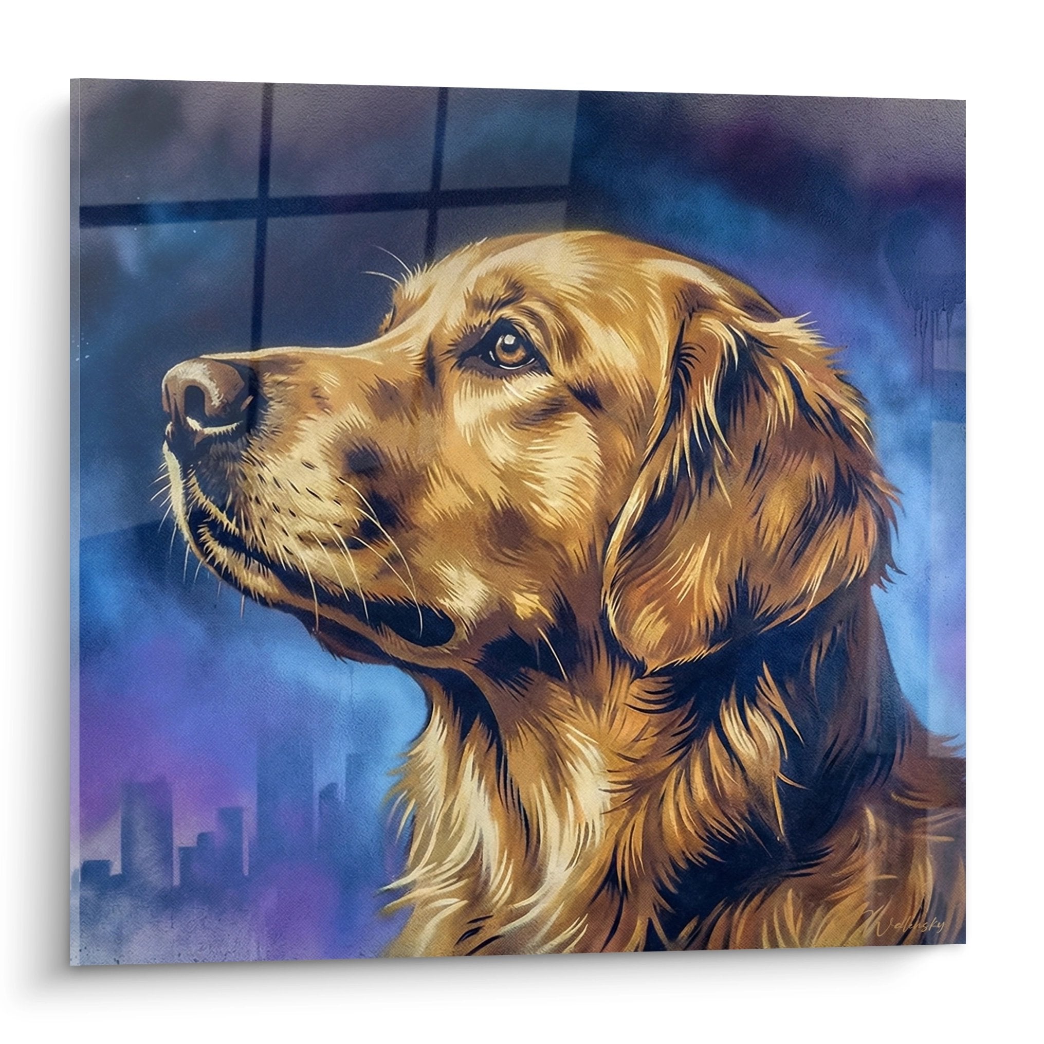 Ritratto di Golden Retriever dal mantello dorato che guarda verso il cielo su sfondo urbano blu