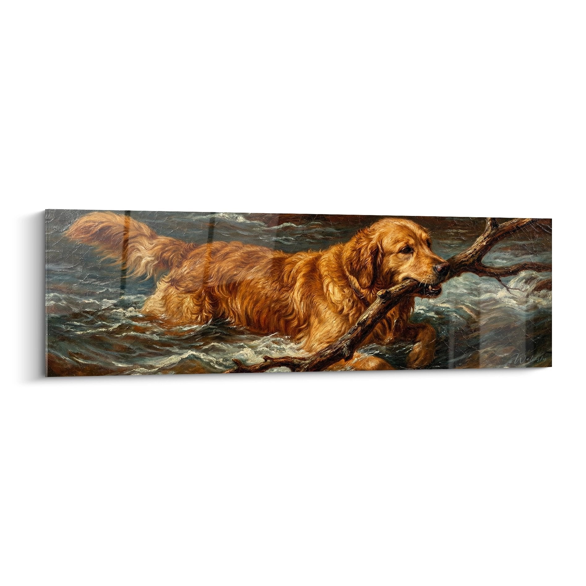 Tableau golden retriever doré nageant dans eau agitée avec branche dans la gueule, tons chauds et froids contrastés