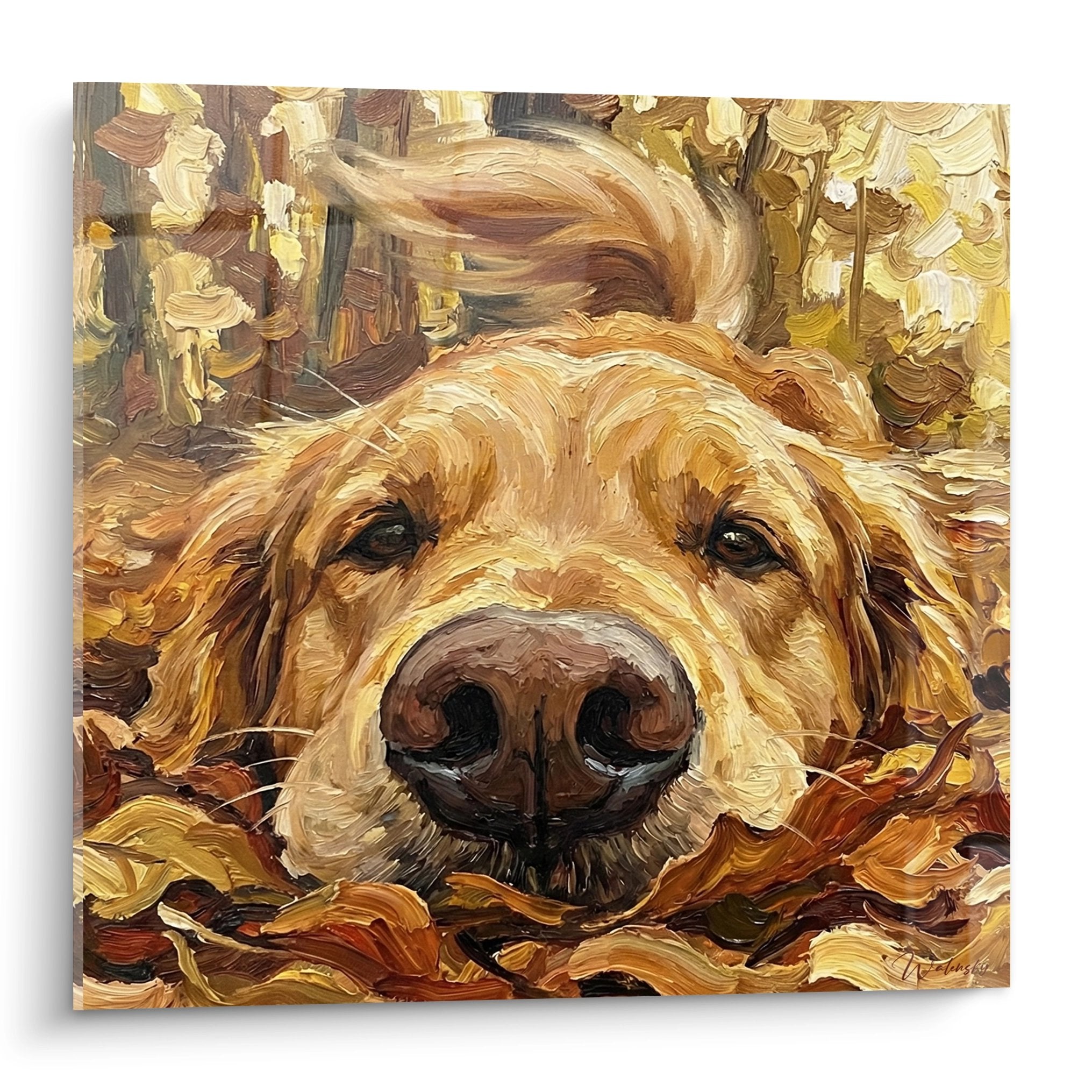 Tableau golden retriever endormi feuilles automne peinture empâtement tons dorés cuivrés