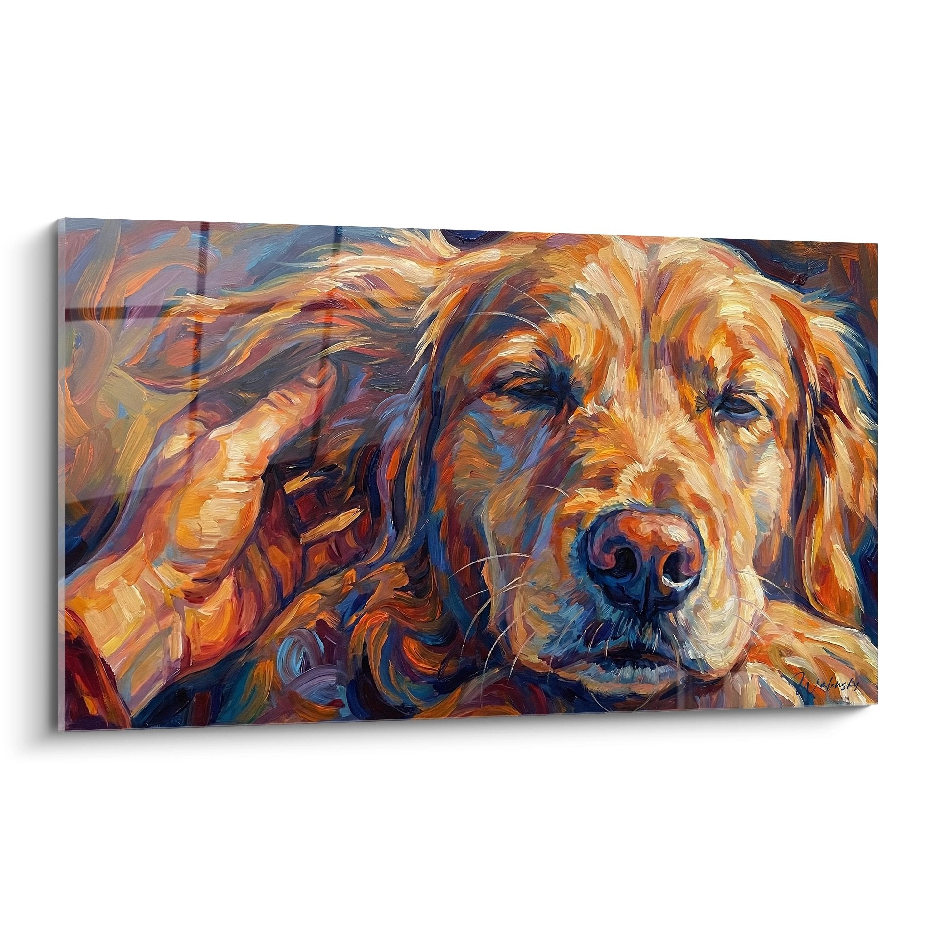 Quadro golden retriever addormentato pittura toni dorati blu tecnica impressionista ritratto cane riposo tranquillo