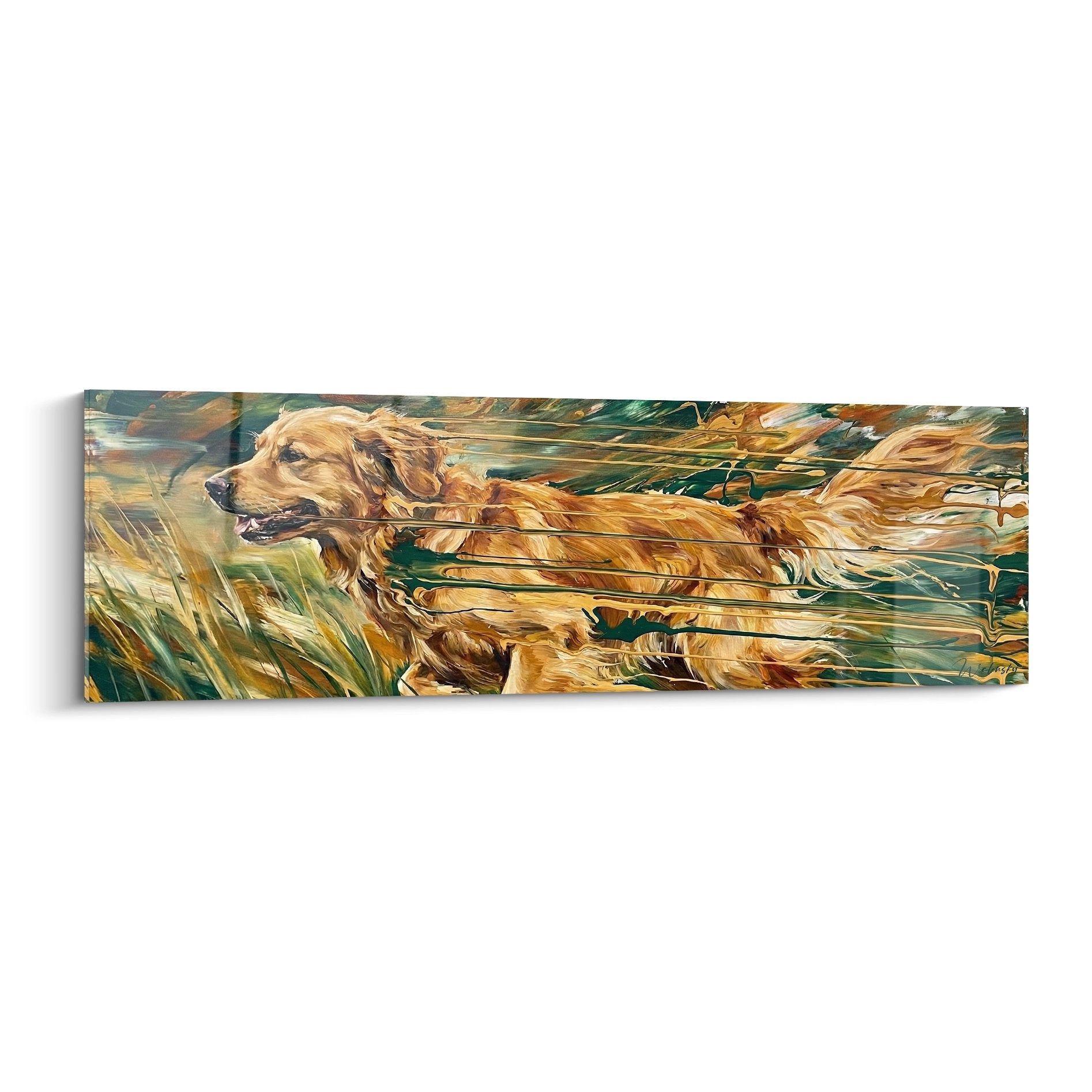 Tableau Golden Retriever doré en mouvement dans l'eau, style impressionniste moderne aux tons chauds