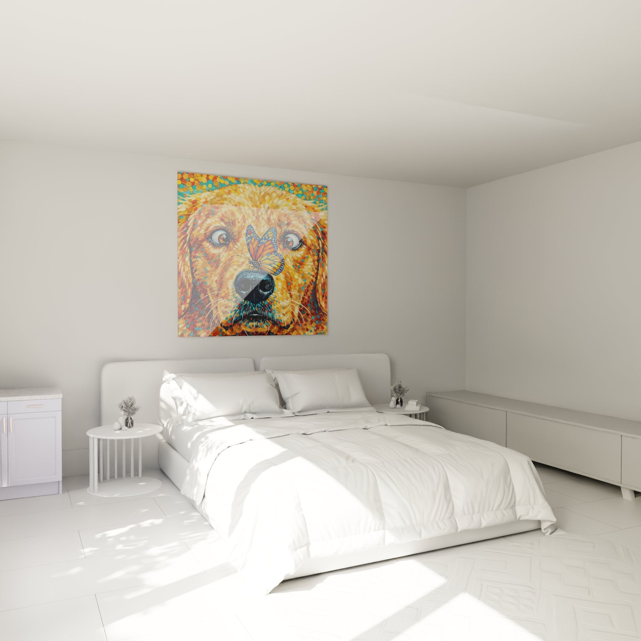 golden retriever schmetterling gemälde schlafzimmer dekoration warme atmosphäre wandkunst