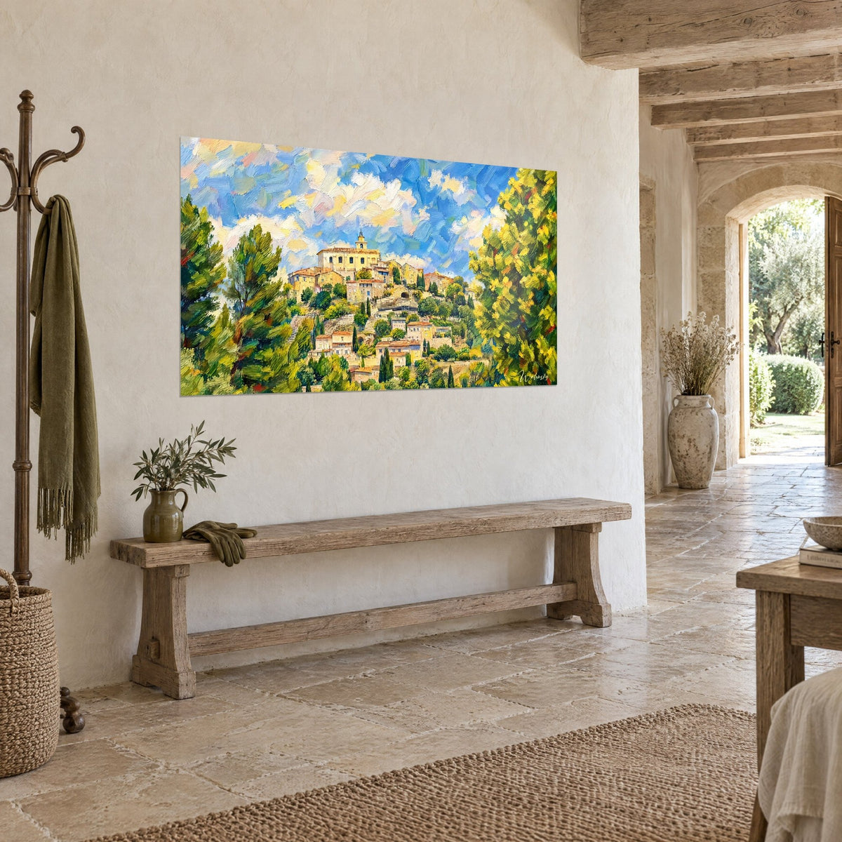 Cuadro Gordes en pinceladas gruesas, campanario dorado sobre tejados naranjas y cipreses verdes, muro de piedra clara