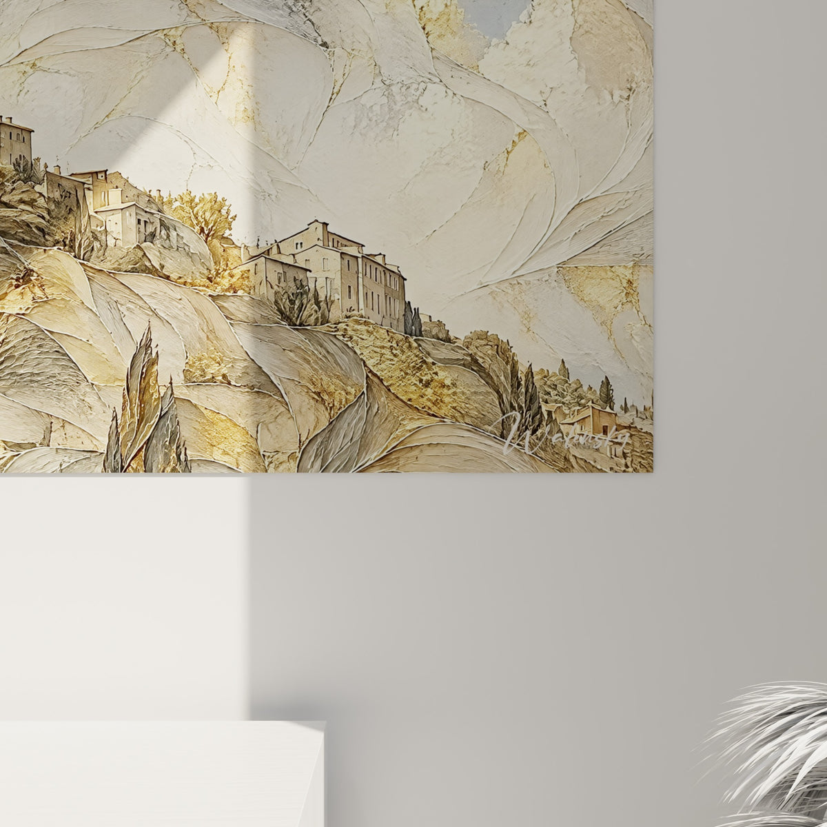 Détail des façades anthracite et dorées du village de Gordes, où la matière picturale révèle grain et reflets métalliques