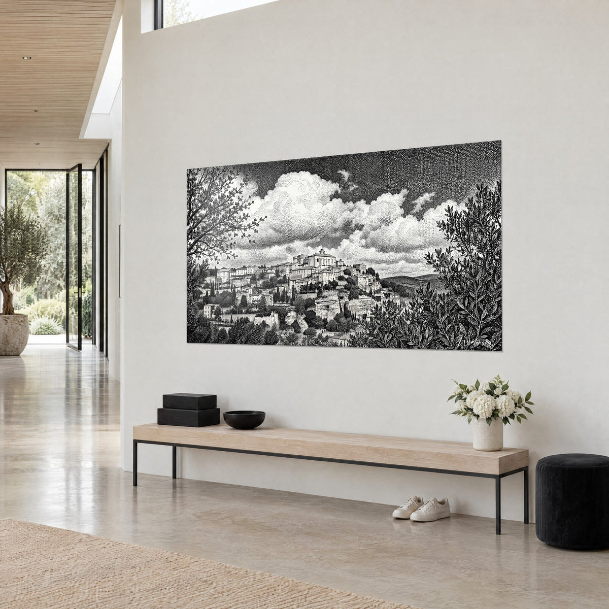 Wall art Gordes perched on its hill, ivory stone houses and anthracite stormy sky, white wall, wooden bench