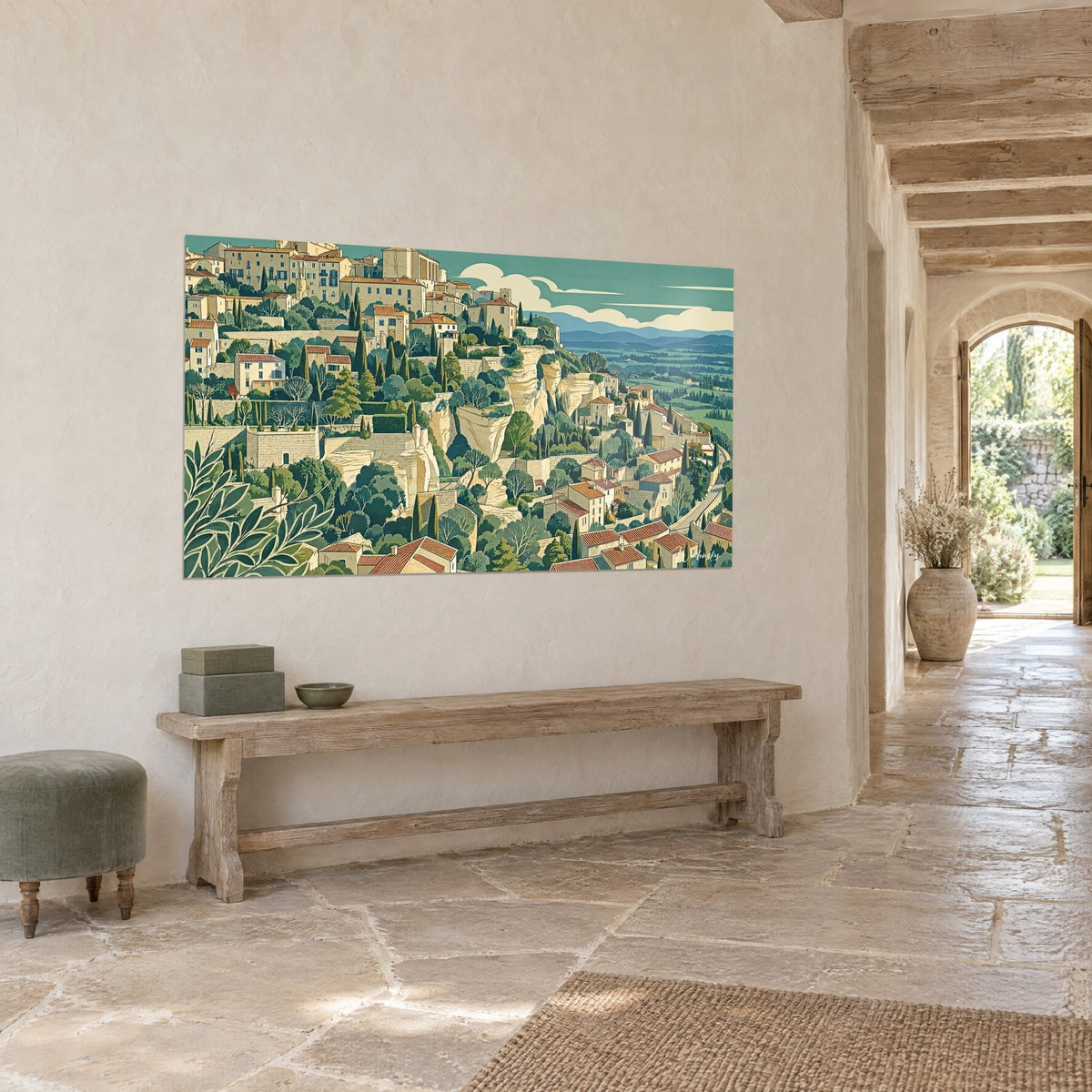 Quadro città di pietra dorata sul suo sperone, pini scuri e cielo turchese, in vista di tre quarti in un ingresso di campagna