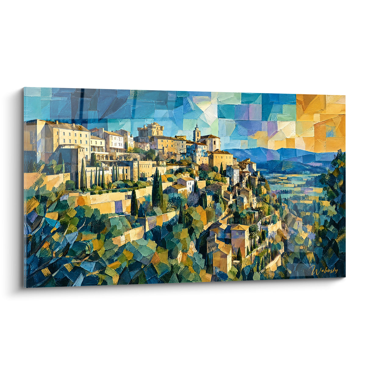 Village perché de Gordes en bleu et doré, style cubiste, maisons ocre sur colline verdoyante
