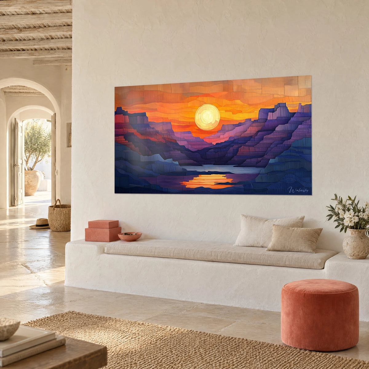 Cuadro de garganta de acantilados púrpuras y azules, sol marfil y reflejo naranja en el agua, vista de tres cuartos, banco blanco