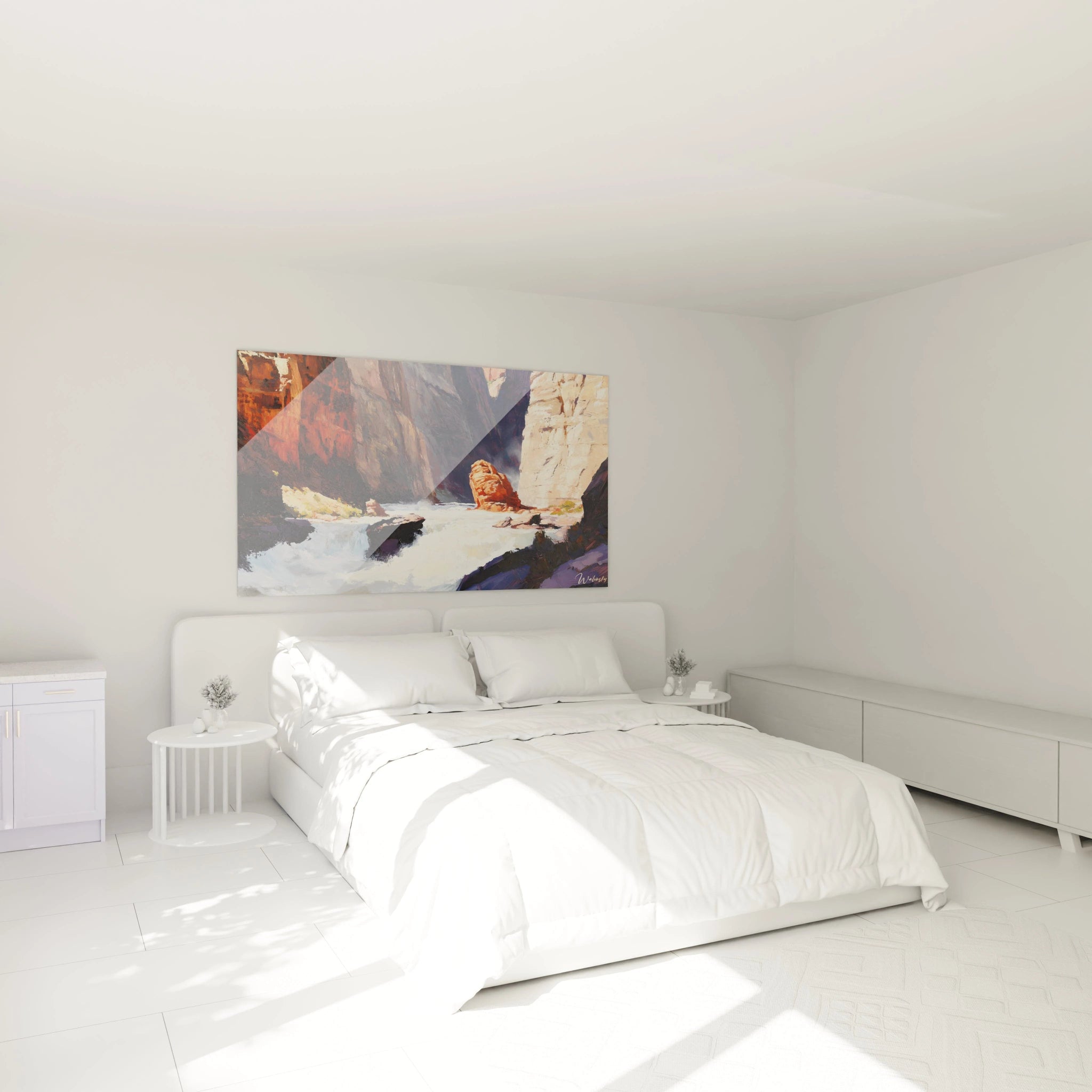 Un tableau canyon majestueux illustrant une rivière tumultueuse serpentant entre d'imposantes falaises rouges et beiges, où l'écume blanche des rapides contraste avec les parois rocheuses texturées et les ombres bleutées des profondeurs.