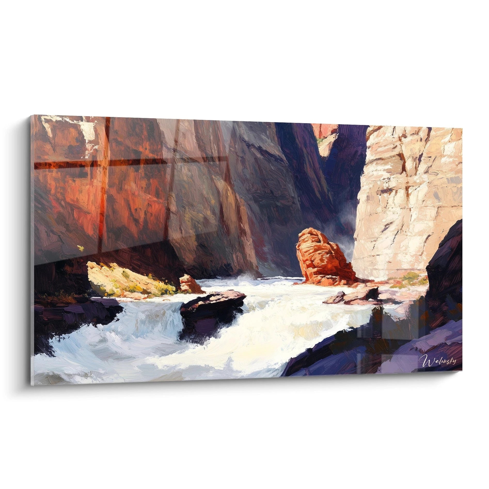 Un tableau canyon représentant une gorge profonde aux parois rougeoyantes, traversée par un torrent aux eaux blanches écumantes, avec des rochers sombres contrastant sur les rives et baignée d'une lumière dorée illuminant les falaises ocre.