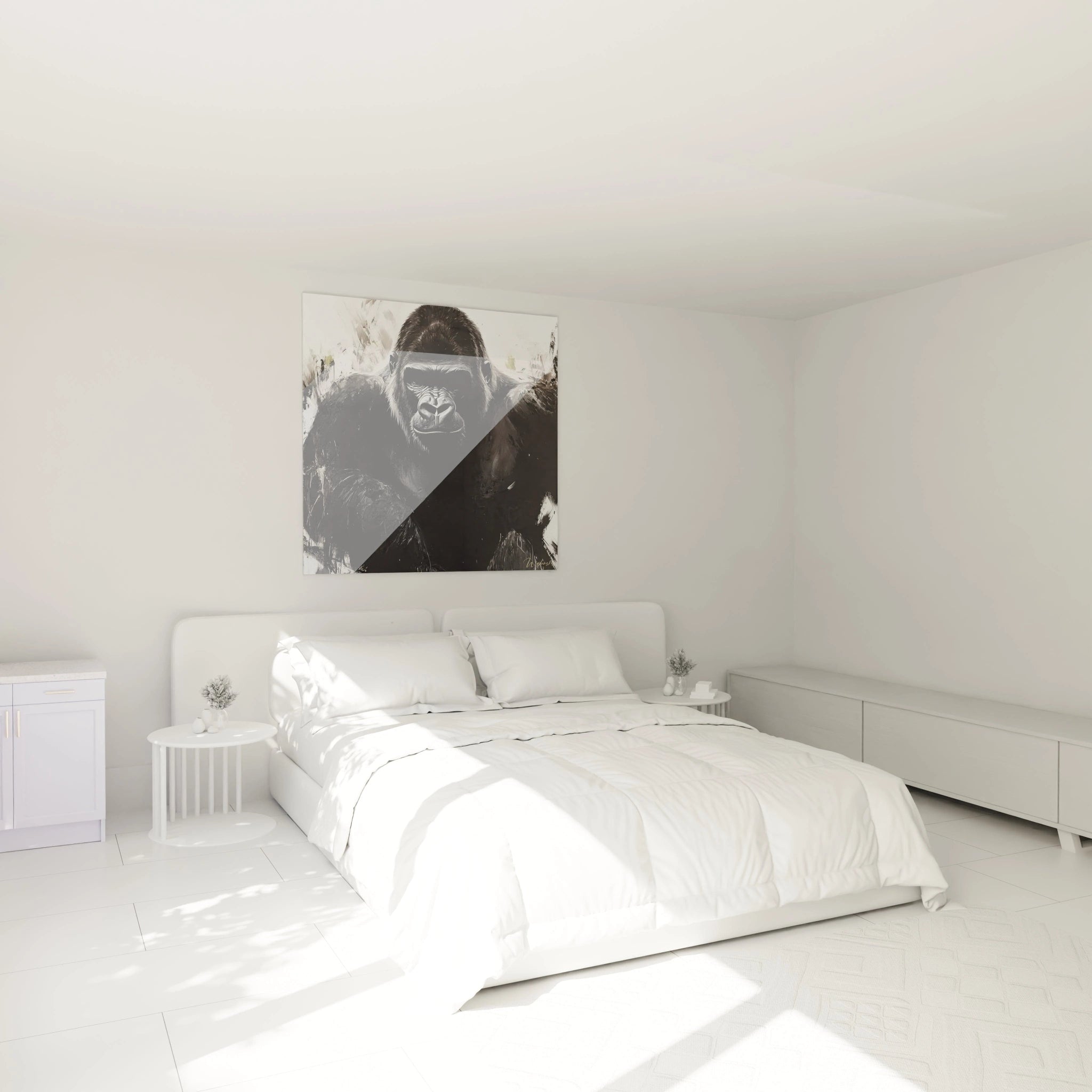 Tableau gorille noir et blanc pour décoration moderne de chambre avec lumière naturelle