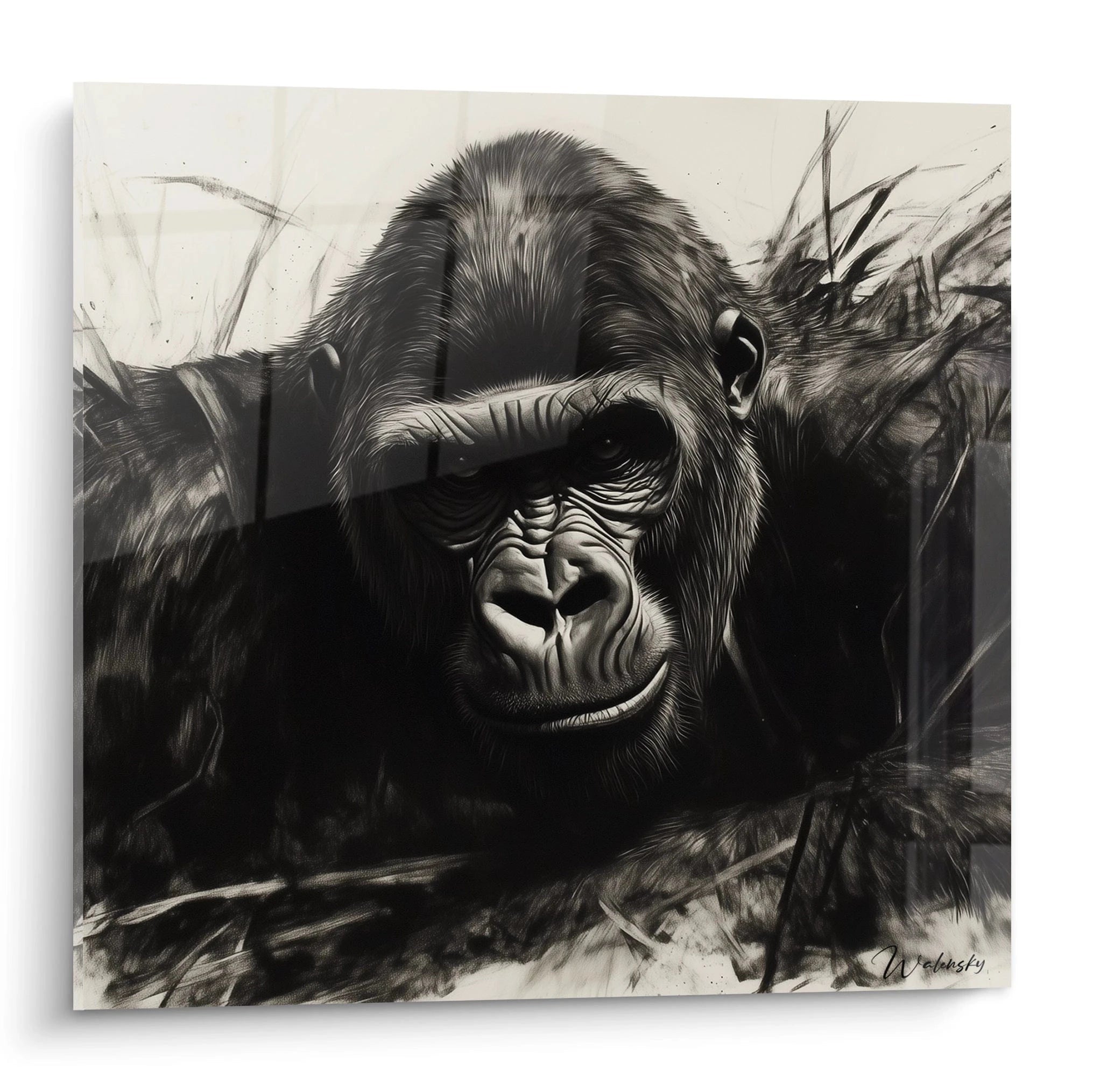 Tableau gorille en noir et blanc de Walensky, représentant un gorille dans un décor naturel