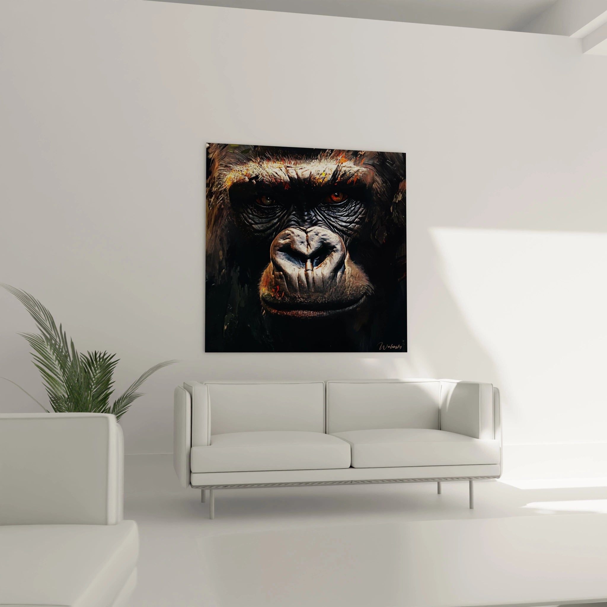 Tableau gorille Walensky avec un regard intense, parfait pour décorer un salon moderne