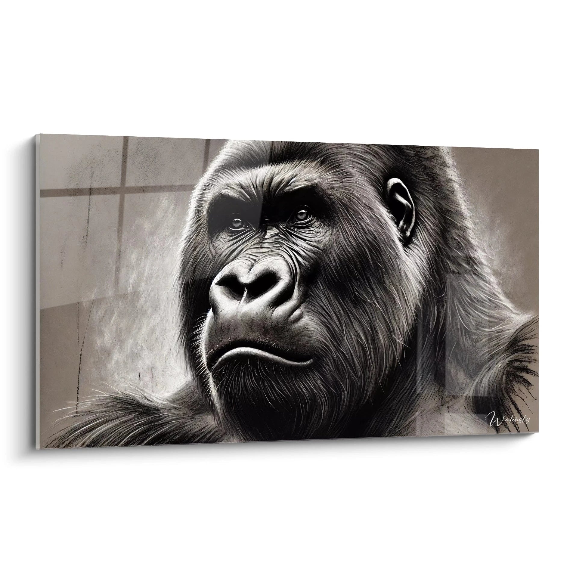 Ce tableau gorille dégage une intensité remarquable grâce à ses nuances sombres. Son visage captivant invite à la contemplation dans chaque espace.