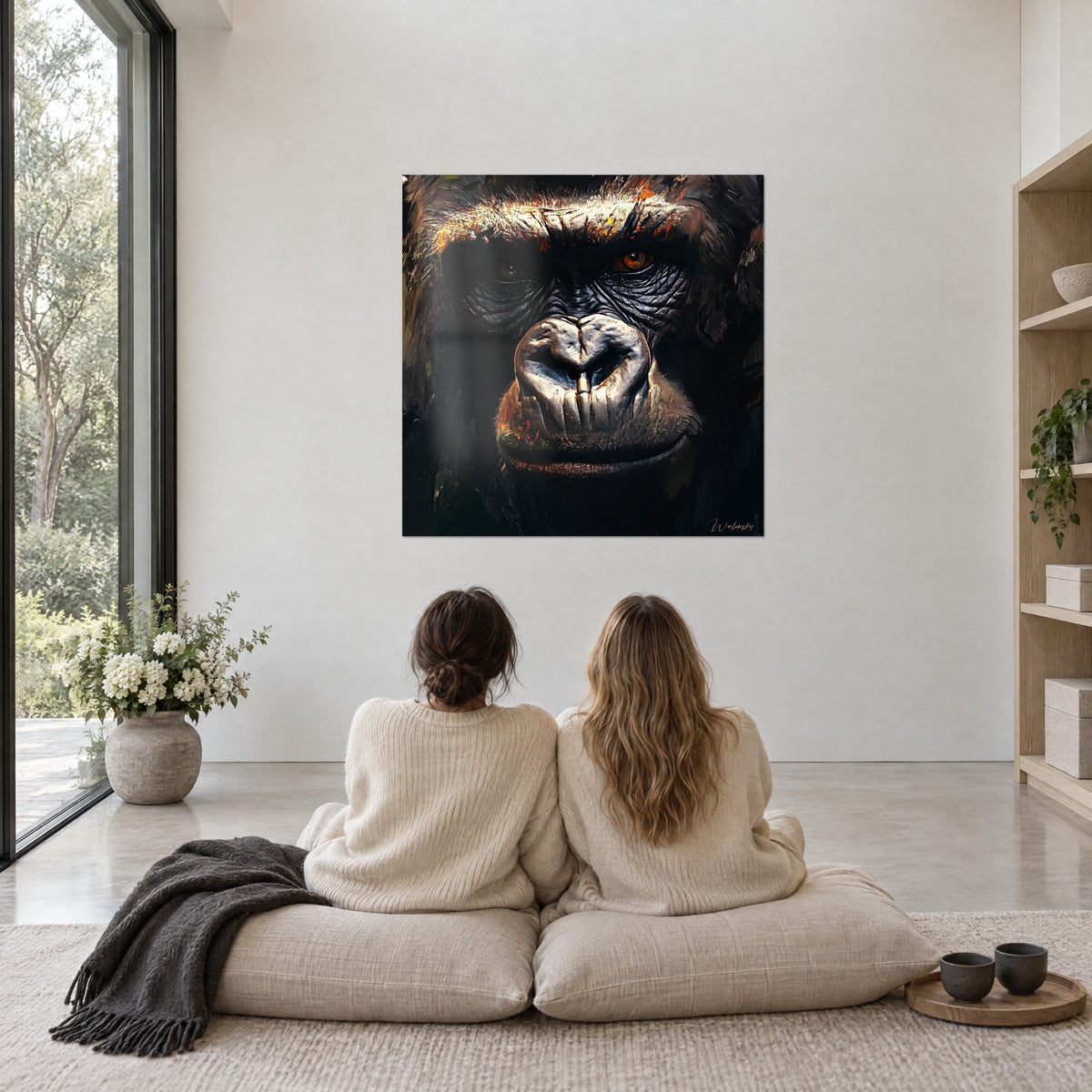 Quadro di volto di gorilla intenso, nero profondo, bagliori ocra e muso argentato, due donne in maglione crema sedute di fronte