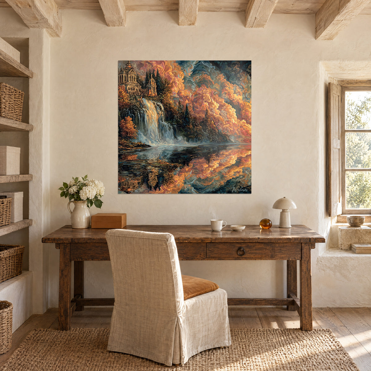 Wall art waterfall landscape under a swirling orange sky, beige castle, black and blue lake, hung above a wooden desk