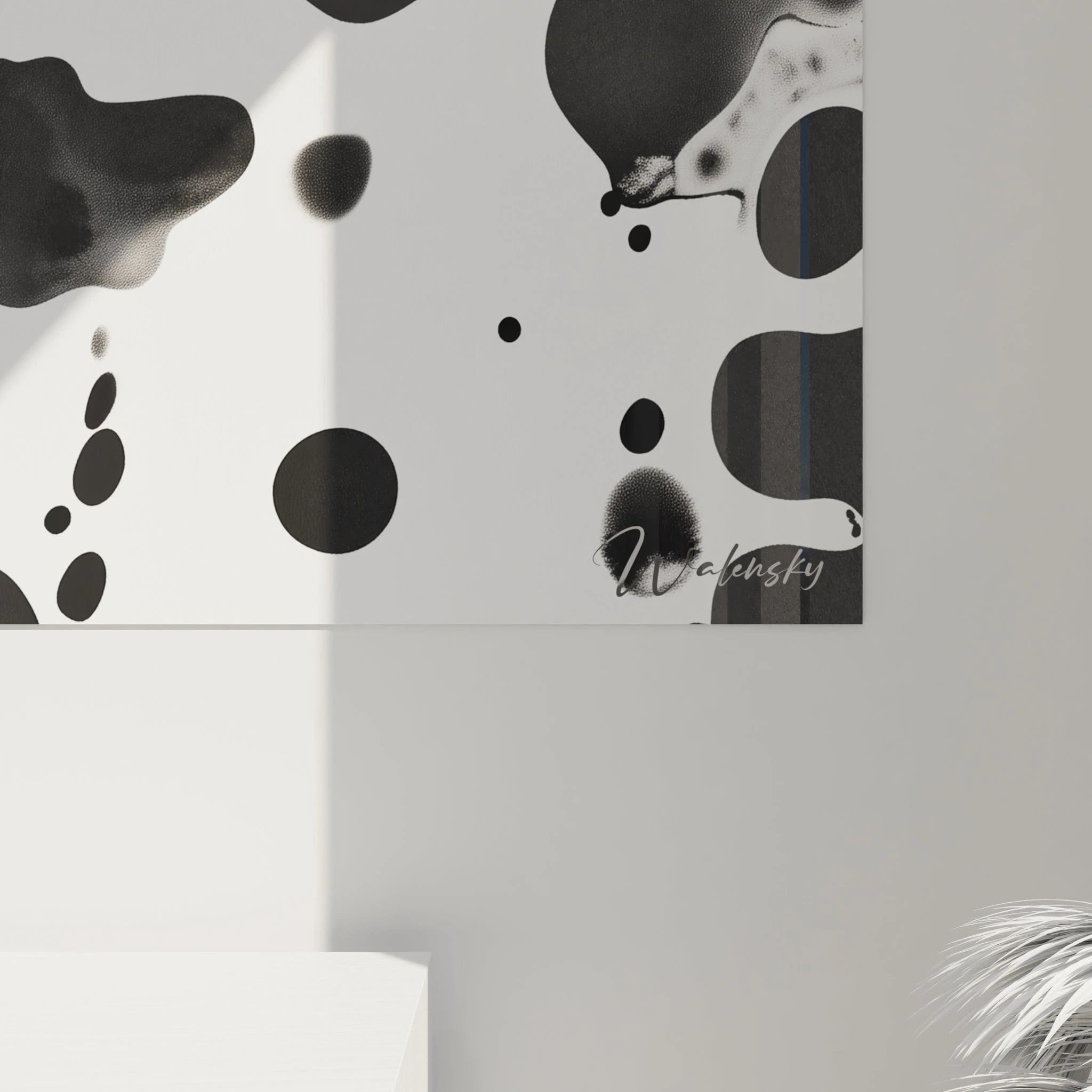 Tableau tacheté noir et blanc de Walensky avec motifs abstraits et modernes