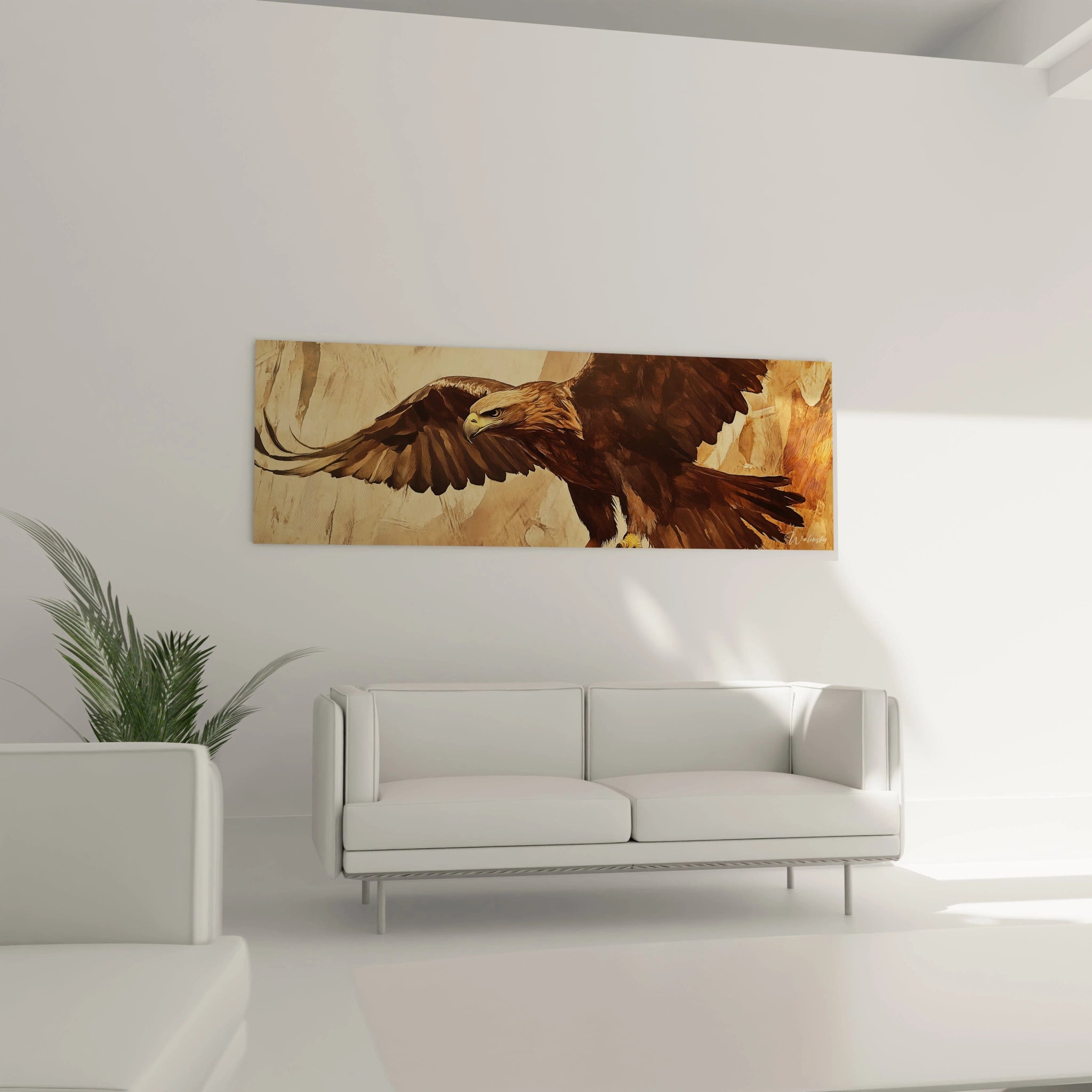Tableau aigle Walensky avec un aigle majestueux en vol sur fond beige, parfait pour la décoration intérieure
