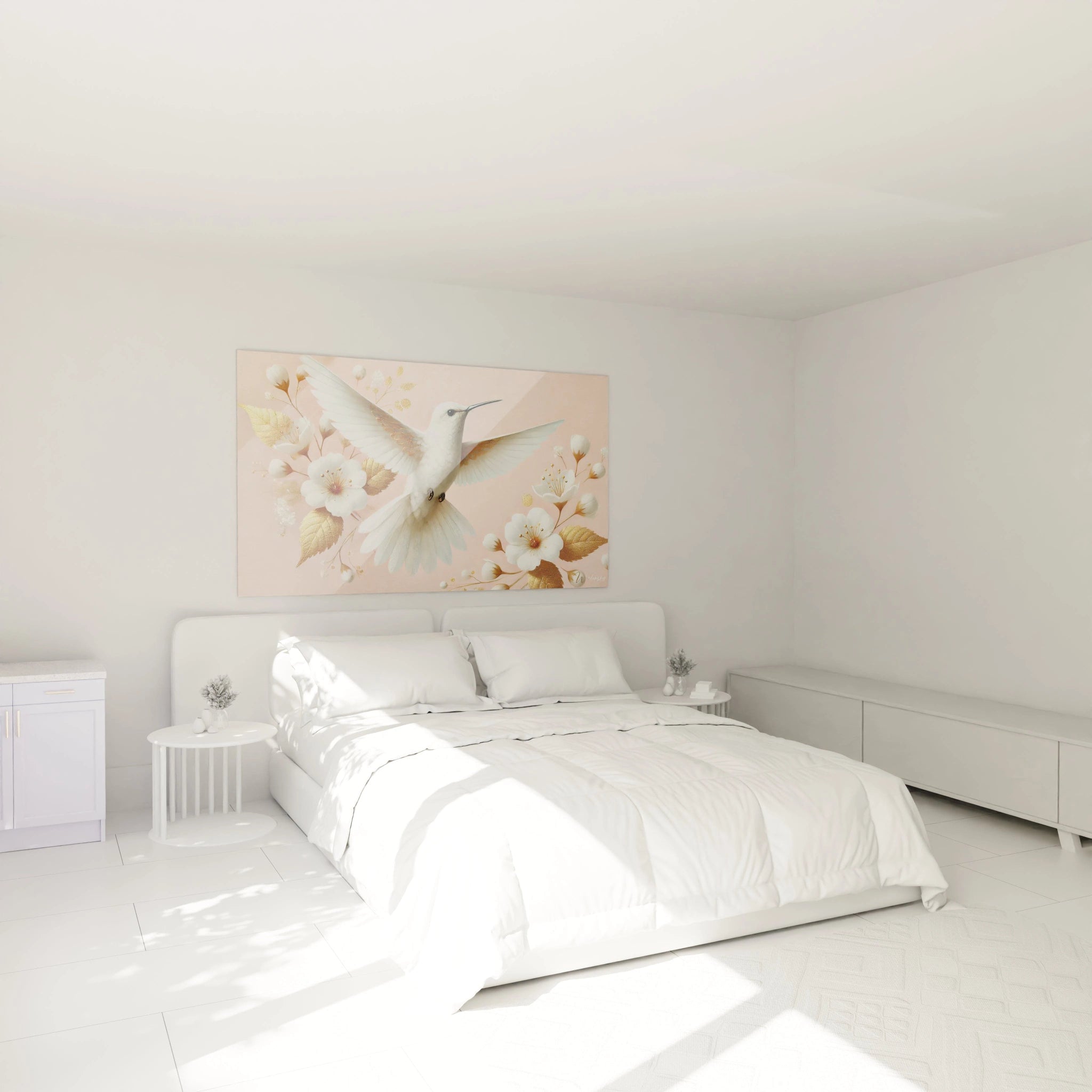 tableau colibri illumine votre chambre avec son colibri aux ailes dorees et fleurs blanches contraste apaisant avec le fond rose parfait pour ajouter une touche elegante et romantique a votre decor
