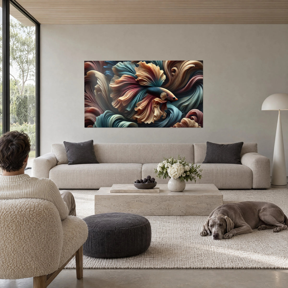 Gemälde Kampffisch mit drapierten cremefarbenen und bordeauxroten Flossen, petrolblauer Hintergrund, über einem Sofa in einem hellen Wohnzimmer