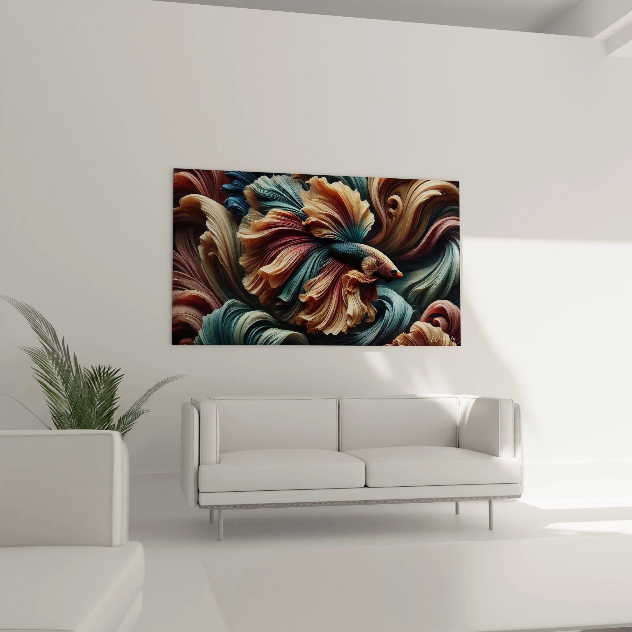 Le tableau poisson betta apporte dynamisme et sérénité au salon. Accroché au-dessus du canapé, il attire immédiatement le regard avec ses couleurs vibrantes et ses textures captivantes.