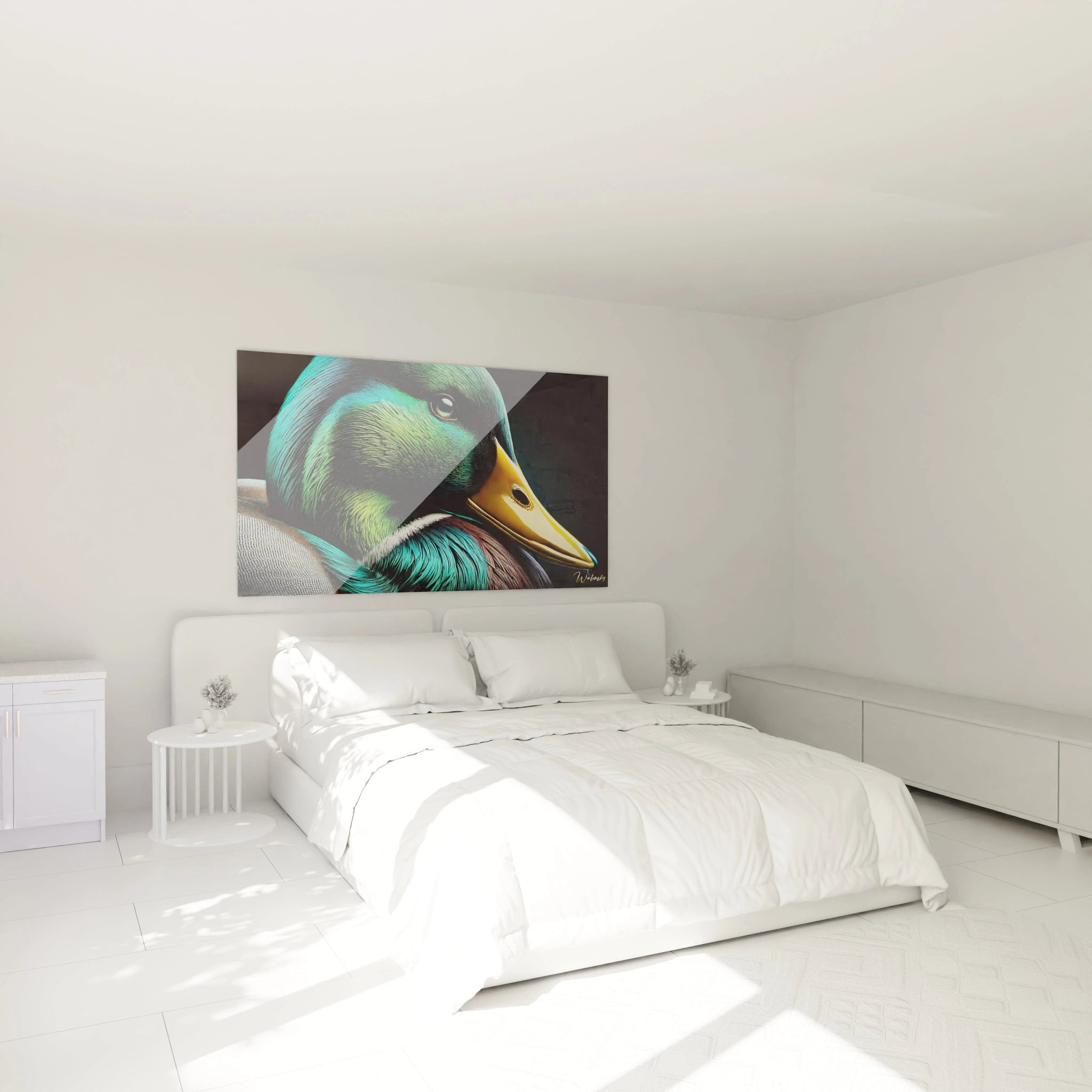 Dans la chambre, ce tableau canard ajoute une touche de nature et de serenite au-dessus du lit avec des tons de vert, bleu et jaune qui mettent en valeur la beaute du plumage de l’oiseau