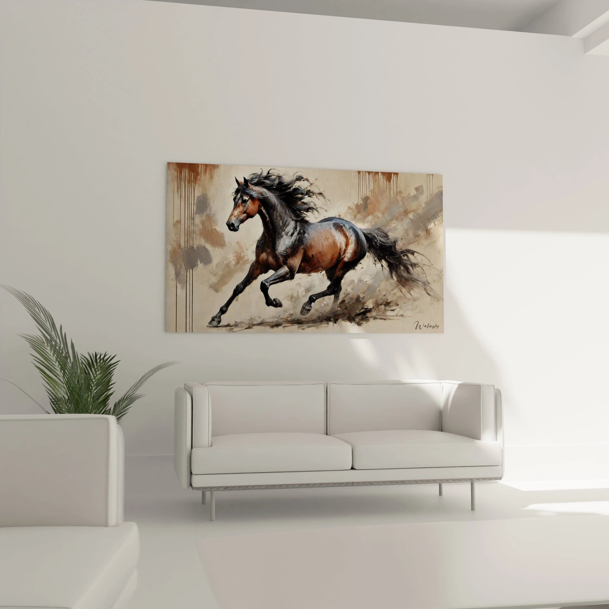 Placé au-dessus d'un canapé, ce tableau cheval devient le point central du salon. L'énergie du cheval en mouvement, ses textures et couleurs apportent une dimension de liberté et d'élégance à la pièce.