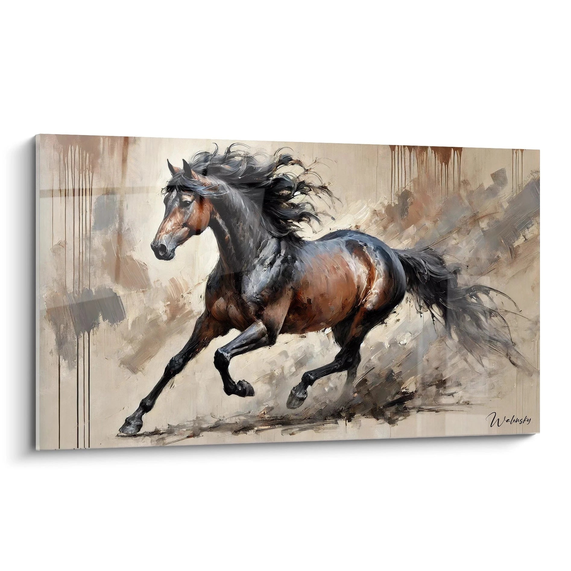 Ce tableau cheval vu de biais capture toute la puissance du galop avec des détails saisissants. Son fond abstrait met en valeur l'énergie du cheval, parfait pour sublimer votre intérieur avec dynamisme.