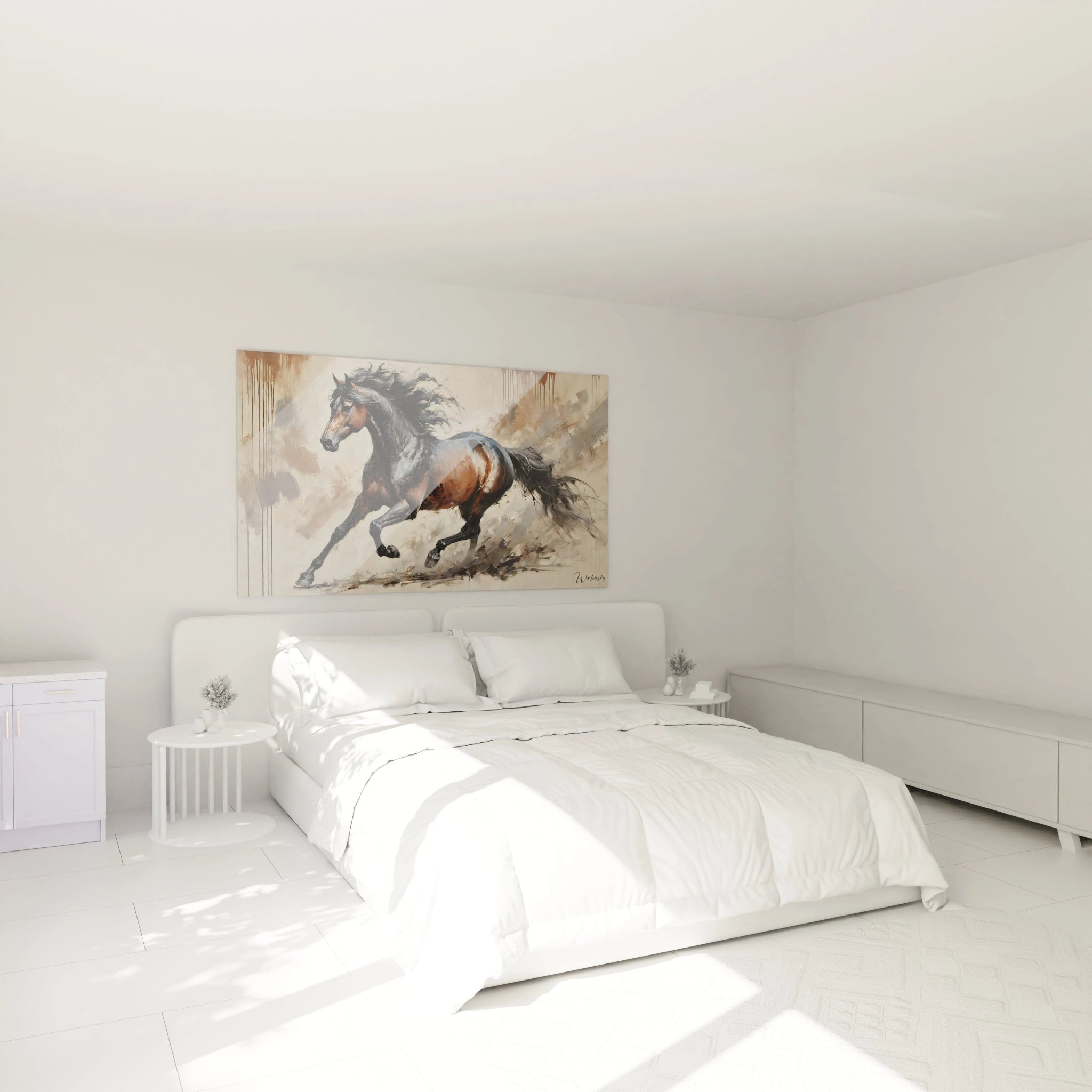 Accroché au-dessus du lit dans une chambre, ce tableau cheval offre une touche d'élégance et de force. Ses teintes marron, noir et beige se marient harmonieusement, créant une ambiance apaisante et vivante.