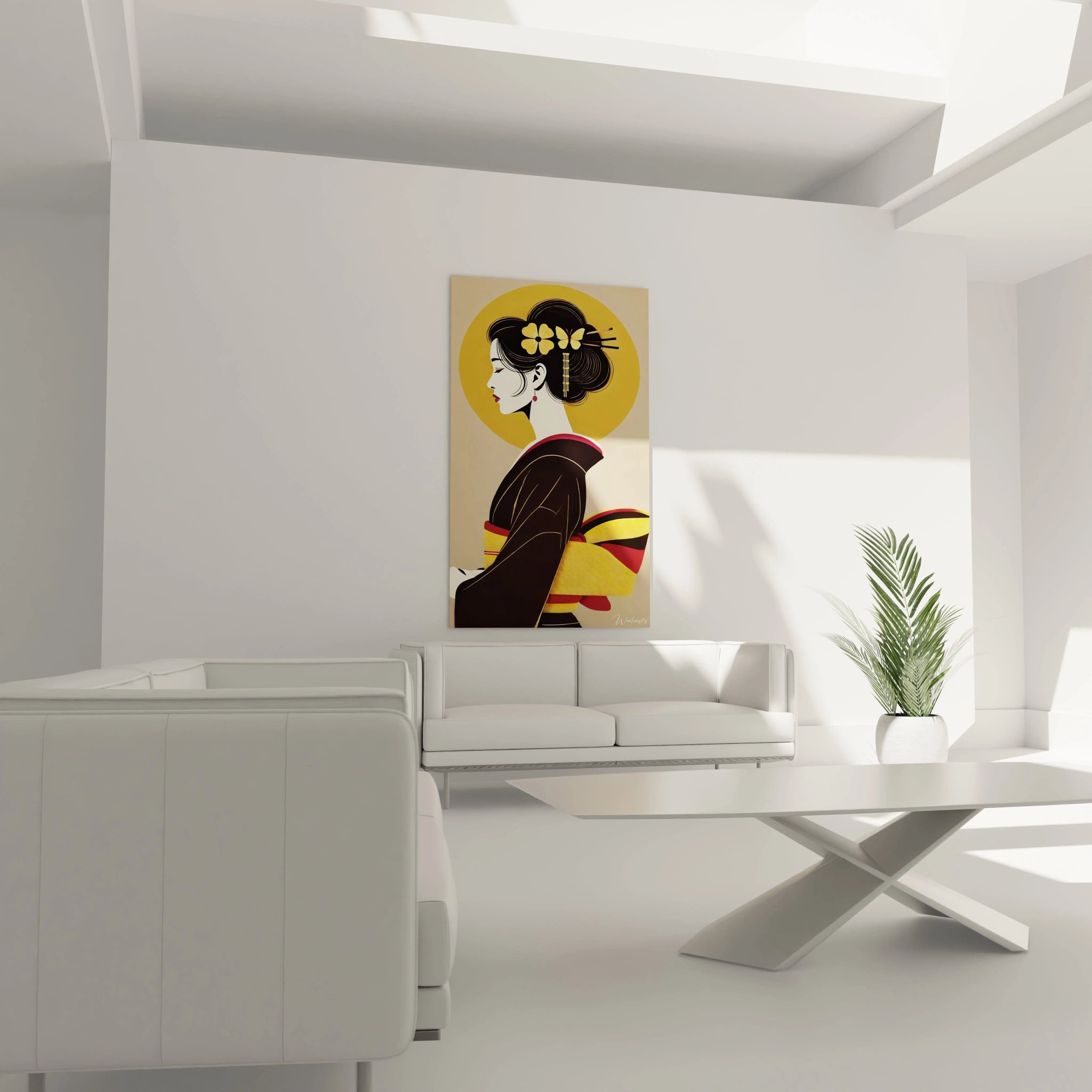 tableau asiatique au mur dans un salon au-dessus d’un canapé couleurs riches noir or beige style épuré touches florales et papillon rappelant la délicatesse de la culture japonaise