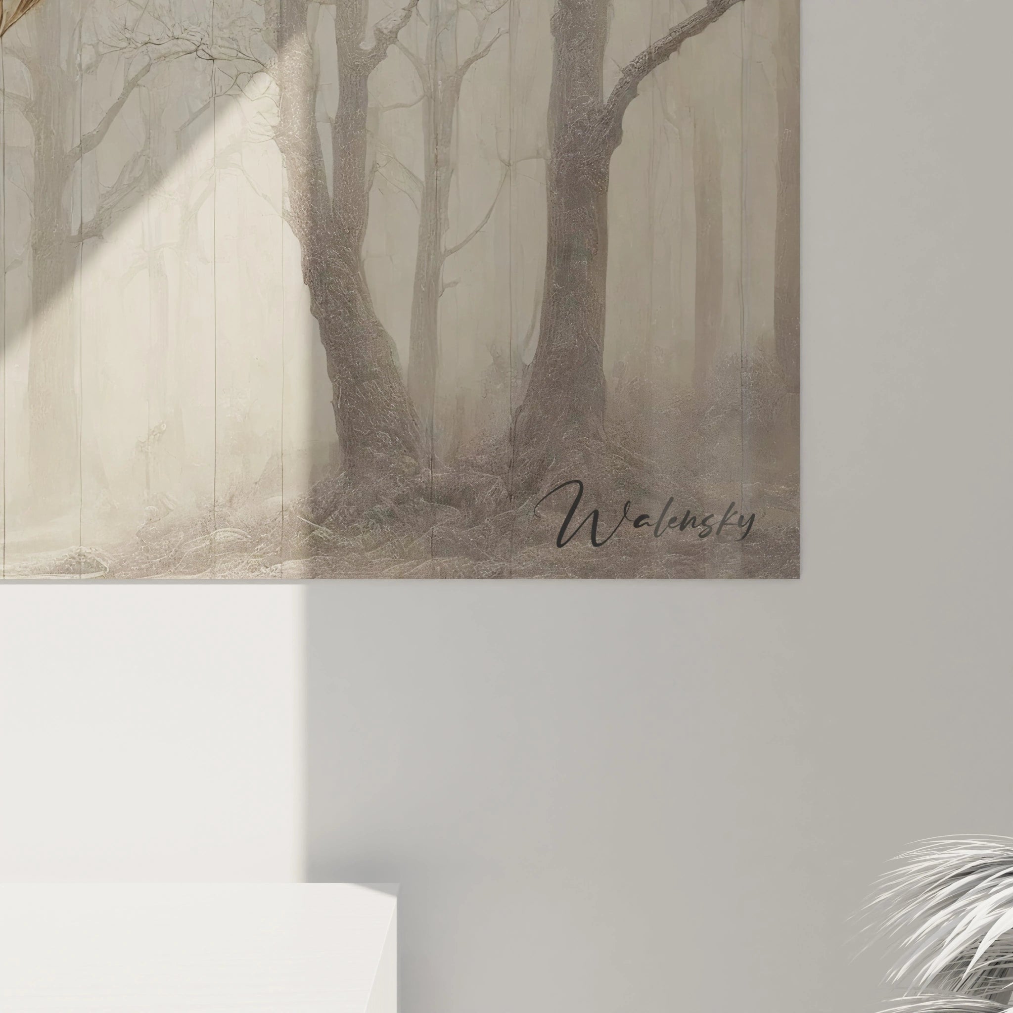 Vue rapprochee de ce tableau ocelot mettant en valeur chaque detail de sa fourrure soyeuse et des branches dorees qui entourent l animal. Atmosphere mysterieuse et apaisante garantie.