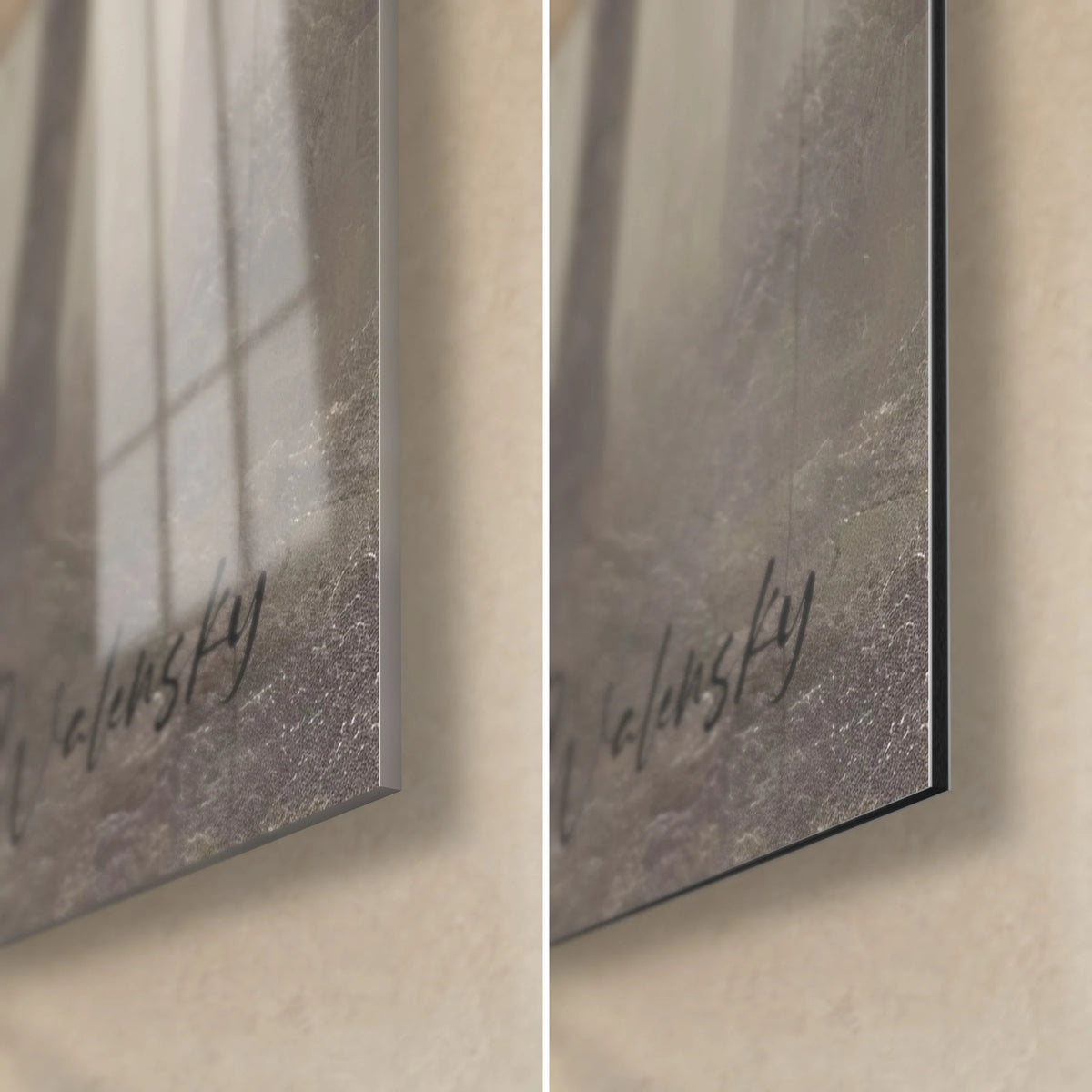Wall art of a wild cat with brown stripes, bottom right corner: glossy acrylic glass with reflections, matte grey Dibond aluminum, 3 mm edge