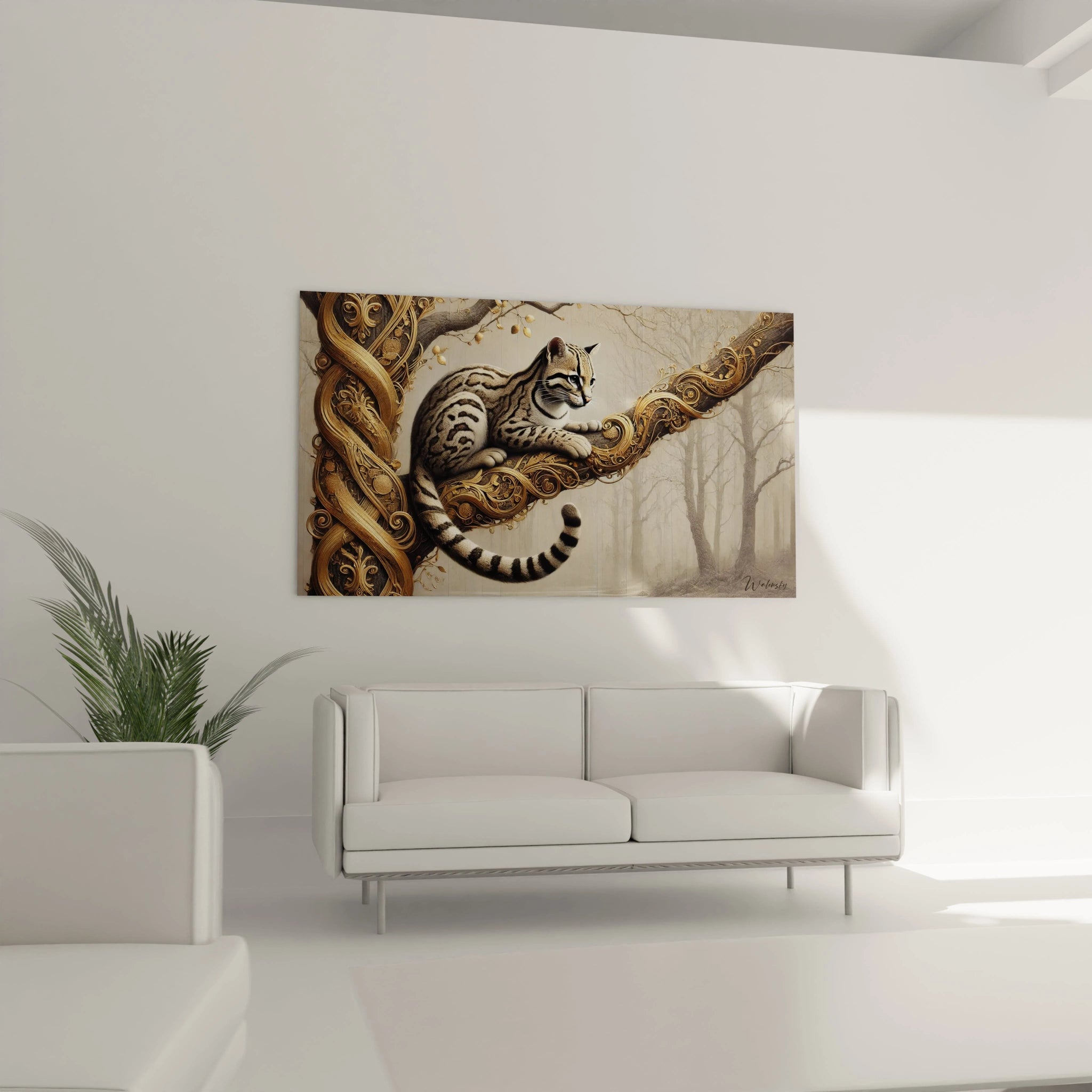 tableau ocelot elegant accroche dans un salon au dessus du canape, il attire l oeil avec ses contrastes entre realisme et ornement dore. Ideal pour un interieur moderne et raffine.