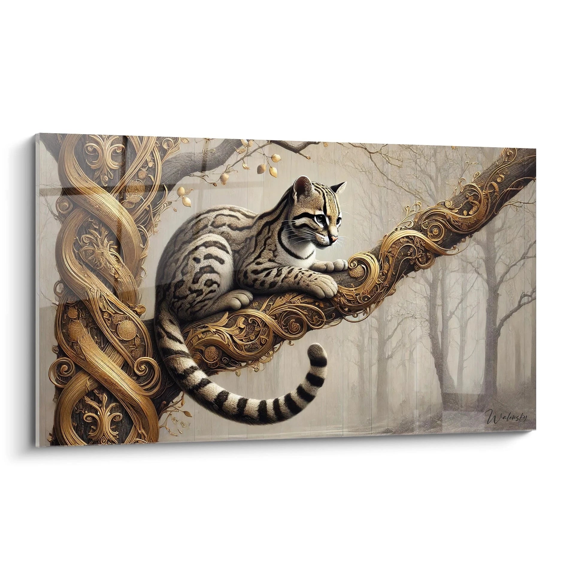 tableau ocelot majestueux avec un melange de realisme et d abstrait. Vue de biais, il capte l essence sauvage et le mystere avec des details subtils dans un cadre dore et beige.