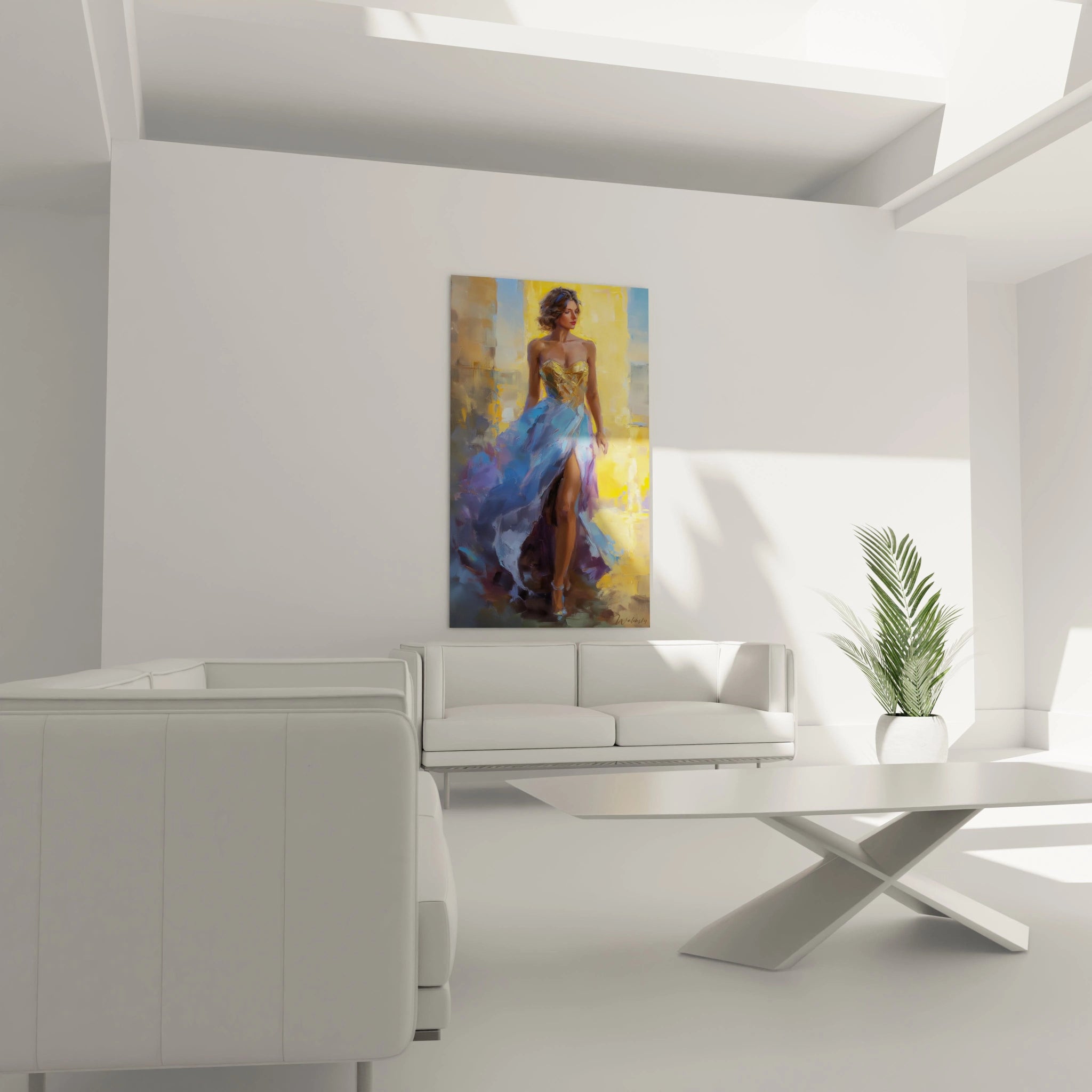 Tableau mural femme élégante représentant une femme en robe au style artistique dans un décor moderne