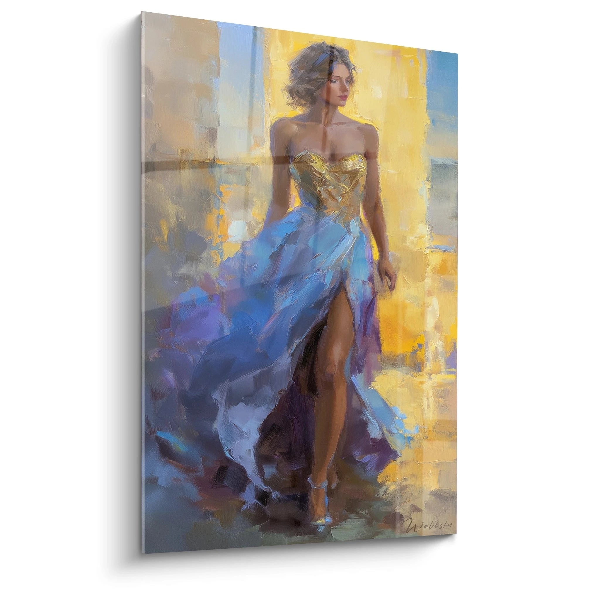 Tableau femme élégante de Walensky représentant une femme en robe glamour avec un arrière-plan coloré