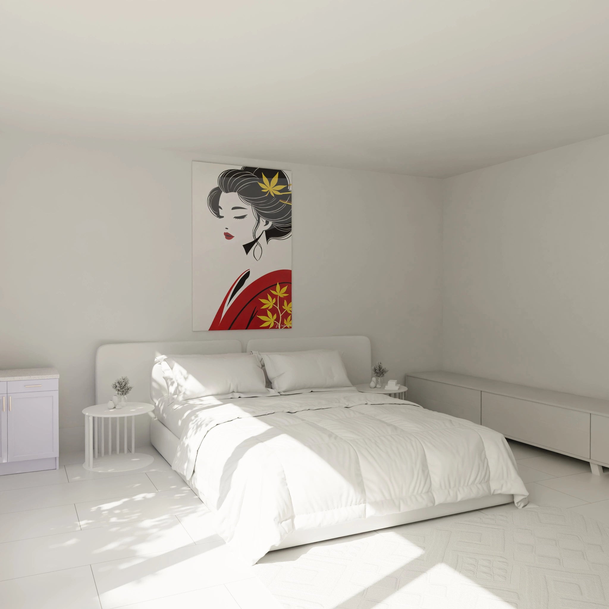 tableau asiatique accroche au mur d'une chambre rouge noir et or avec des elements floraux dorures dans les cheveux parfait pour une ambiance apaisante et intime qui inspire la meditation