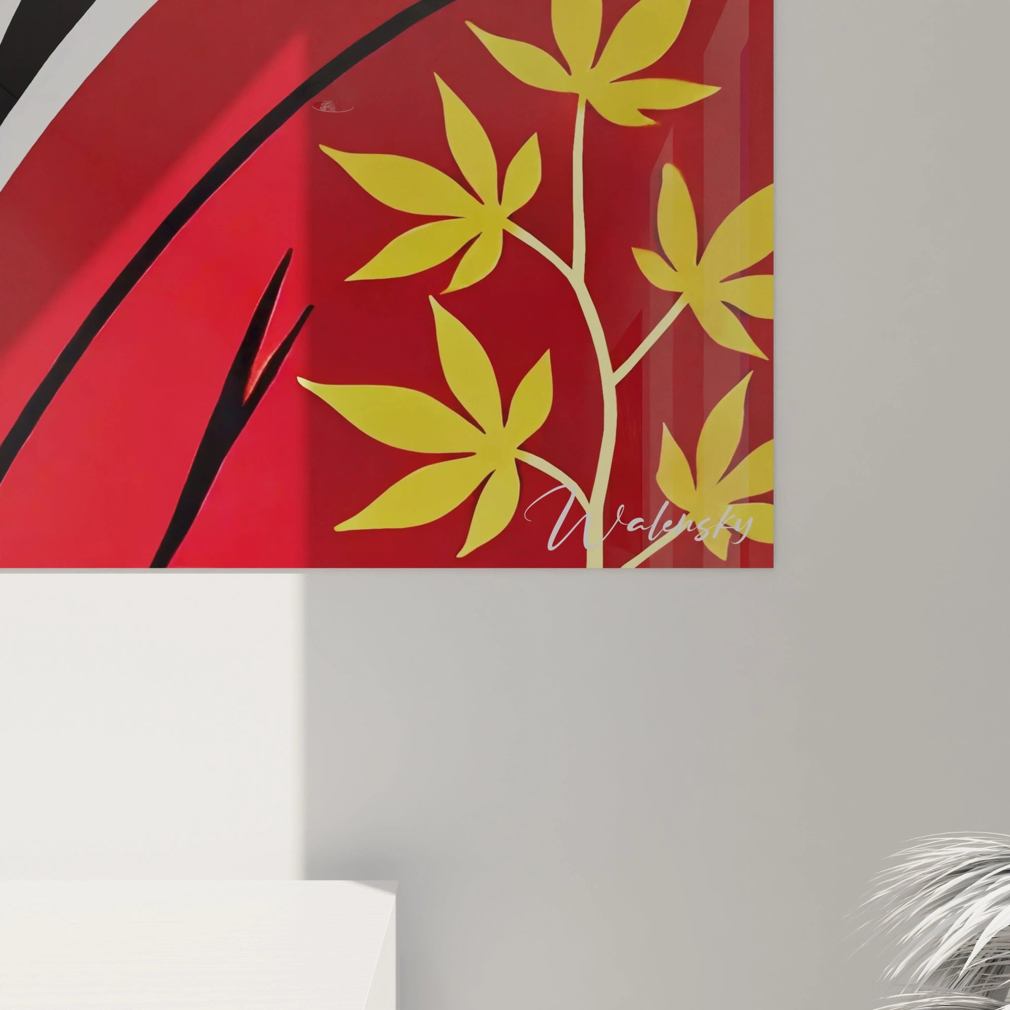 vue de pres d'un tableau asiatique minimaliste details precis rouges et or elements floraux et textures fines kimono vibrant serenite et introspection inspiree de l'art japonais