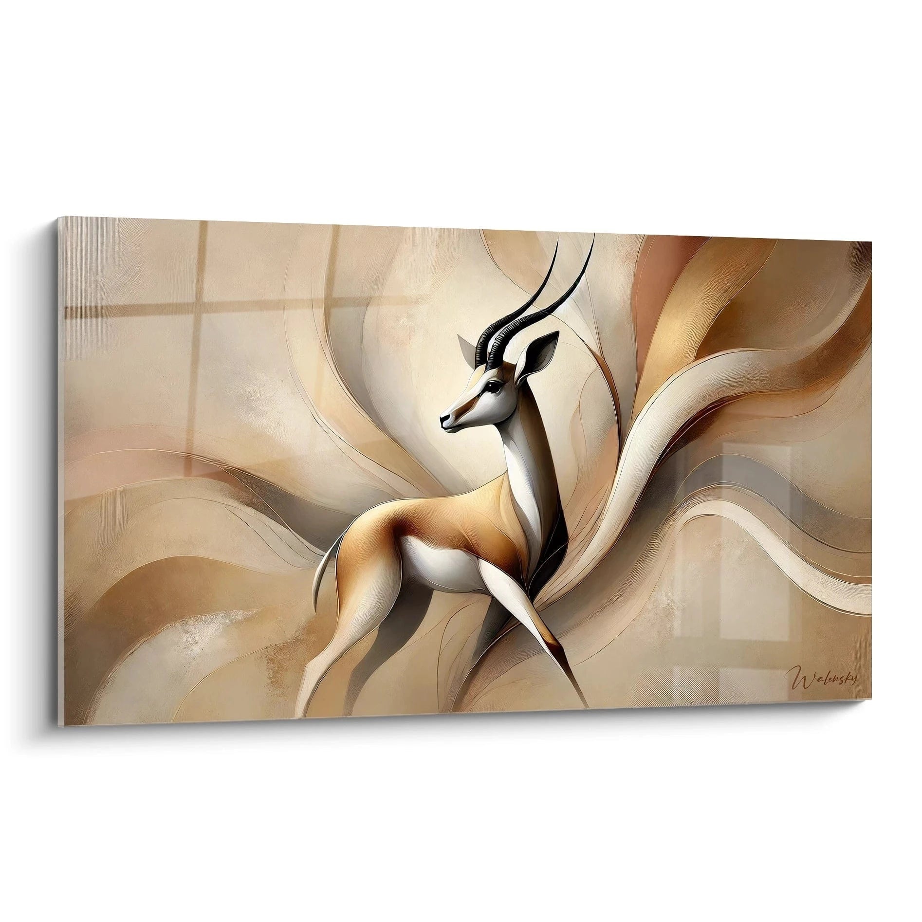 "Tableau antilope moderne vu de biais. Courbes fluides et tons de beige, marron, et or capturent l'élégance de l'animal, entouré d'un arrière-plan abstrait et harmonieux."