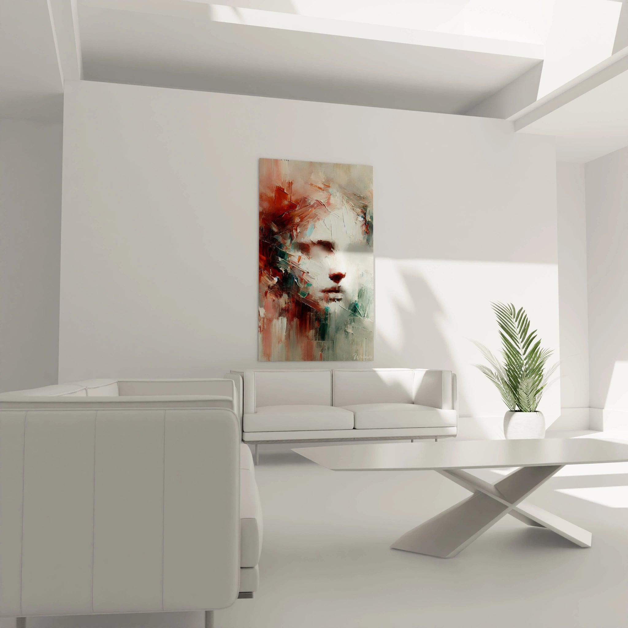 Tableau "Gracieuse Absence" dans un salon, accroché au-dessus du canapé. Son abstraction et ses teintes intenses créent une atmosphère de transformation et de profondeur.