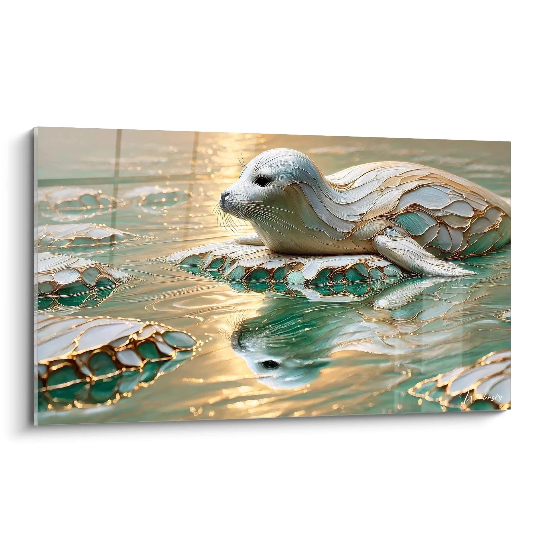 tableau phoque vue de biais capturant la serenite de l'animal flottant entre realite et reve La texture subtile du pelage et des reflets sur l'eau dorent l'ensemble parfait pour une ambiance apaisante