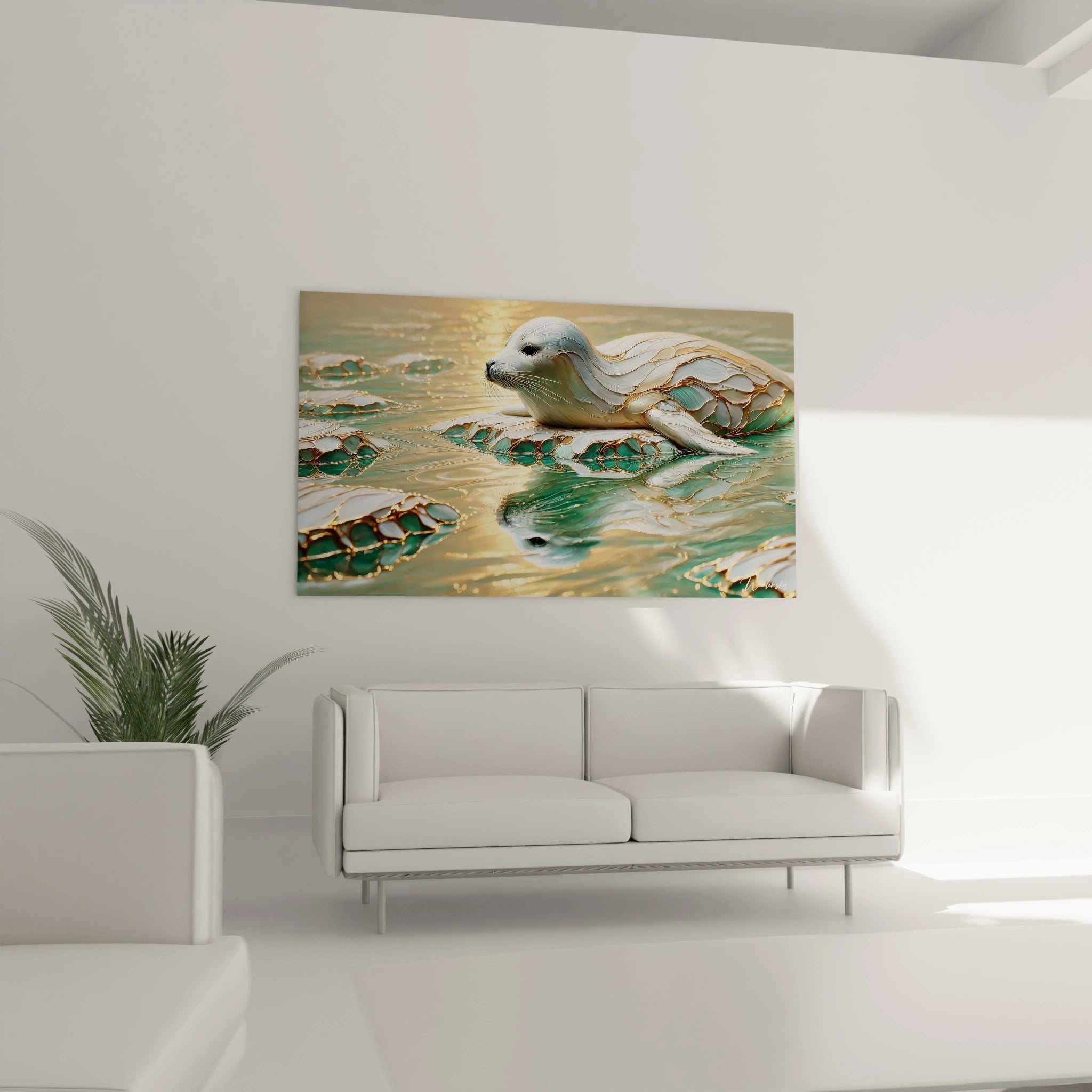 tableau phoque accroche au mur du salon au dessus du canape Son style contemporain et ses touches dorees attirent le regard offrant une serenite naturelle parfaite pour un interieur moderne et calme