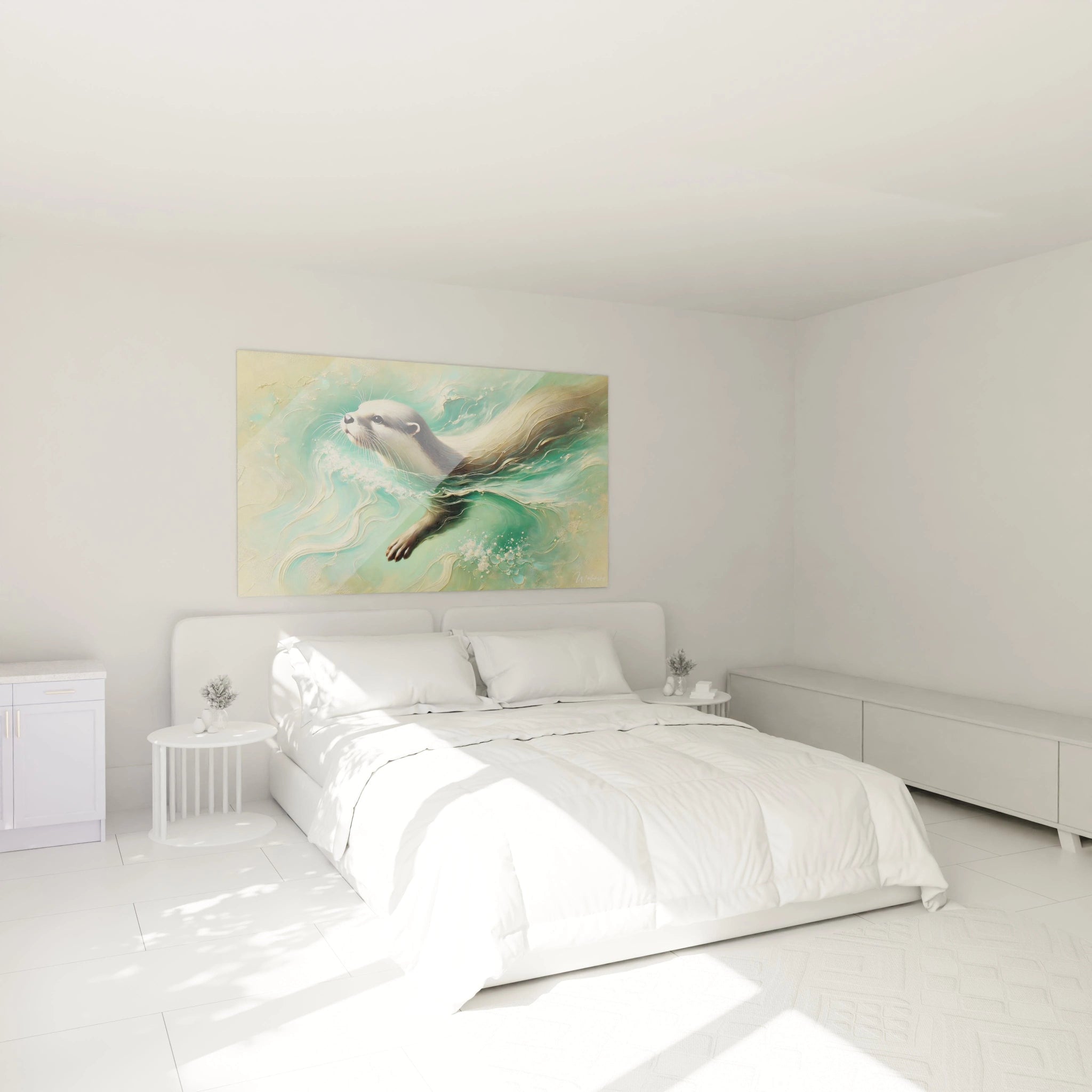 tableau loutre accroché au mur dans une chambre. Apportez serenite et fluidité avec cette œuvre ou l abstraction des vagues rencontre la realite de la loutre. Ideal pour une deco zen et reposante.