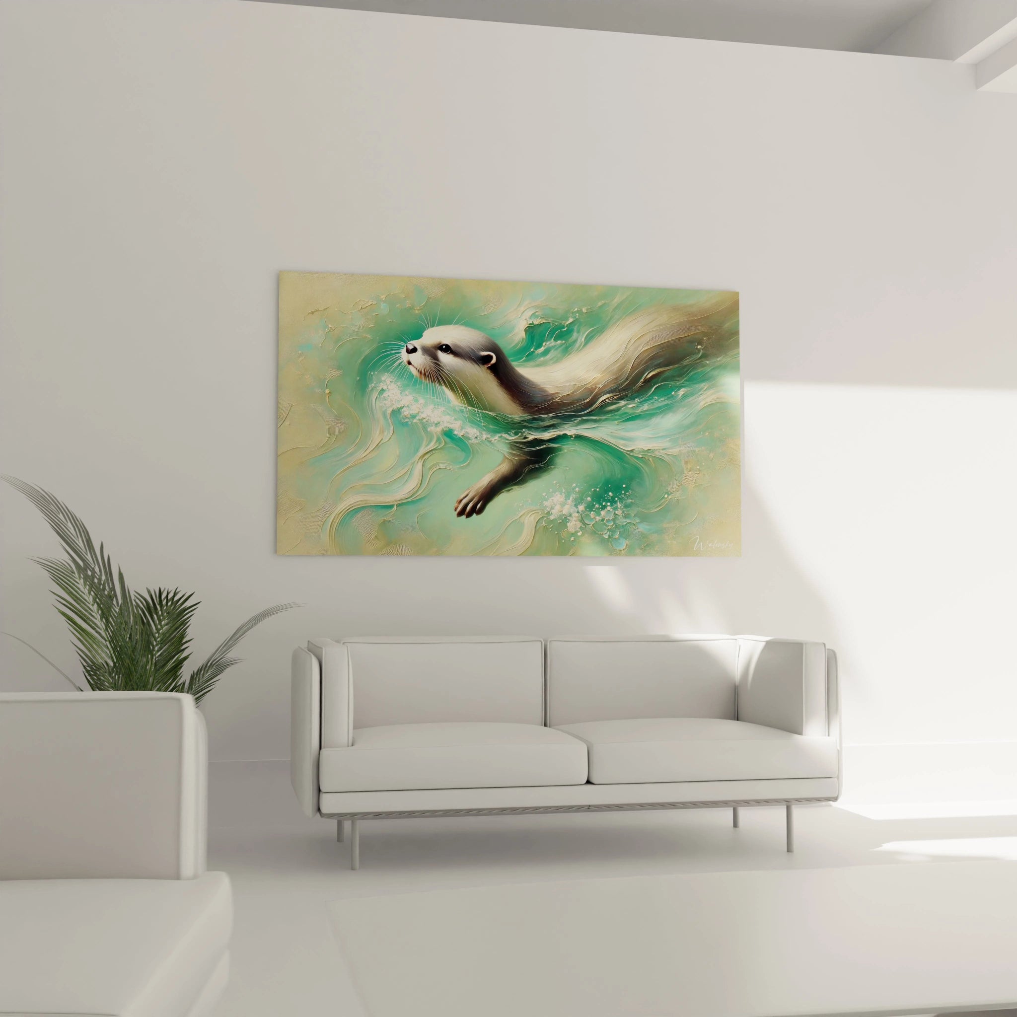 tableau loutre en decoration de salon. Accroche au dessus du canapé, il attire l attention avec son mélange unique de textures abstraites et realistes. Un ajout apaisant pour un espace moderne.
