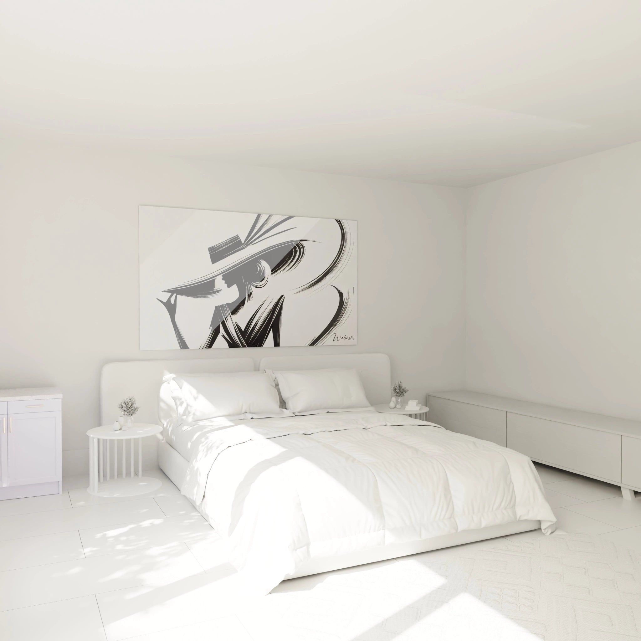 Dans une chambre : tableau noir et blanc au-dessus du lit, ambiance apaisante et raffinée. Lignes épurées et ombres subtiles ajoutent une touche de mystère, parfait pour un espace minimaliste.