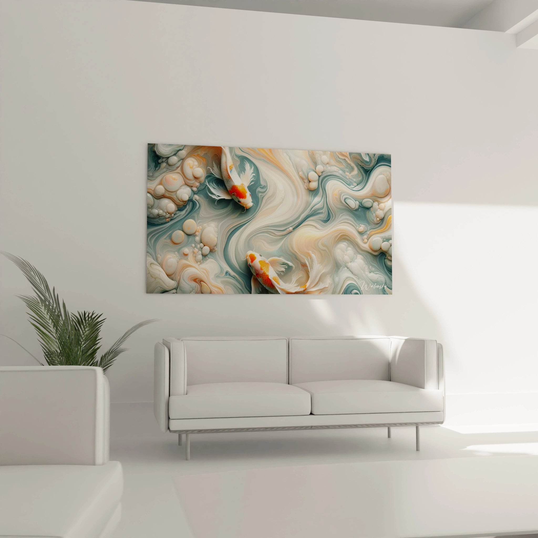 "Salon contemporain avec tableau en verre acrylique Japon / Asiatique suspendu au-dessus du canapé. Art mural inspiré de la culture asiatique, créant une ambiance paisible et élégante."